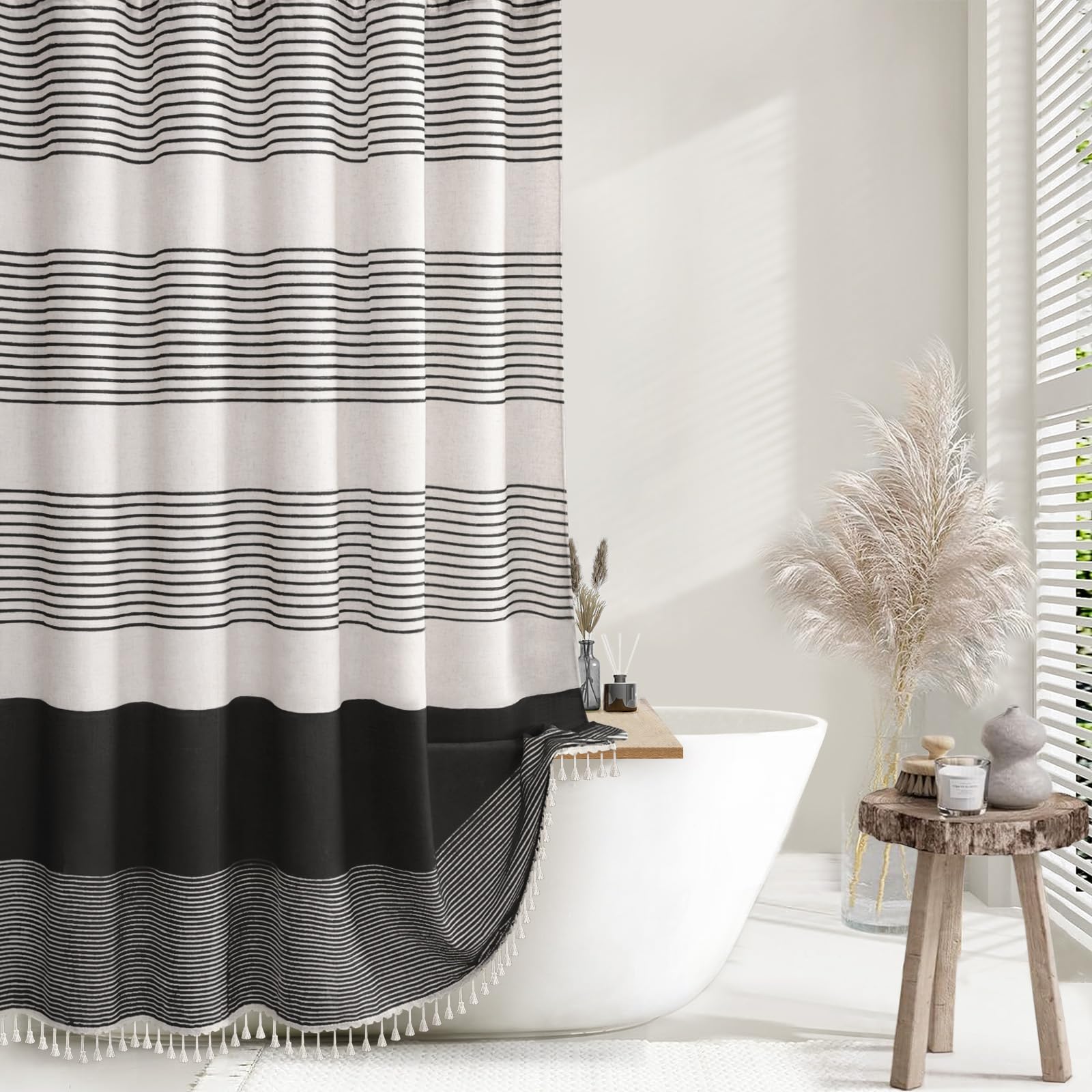 Nddycu Black Boho Shower Curtains For Bathroom Linen Texture Striped Shower Curtain With Tassel 72 X 72 Natural