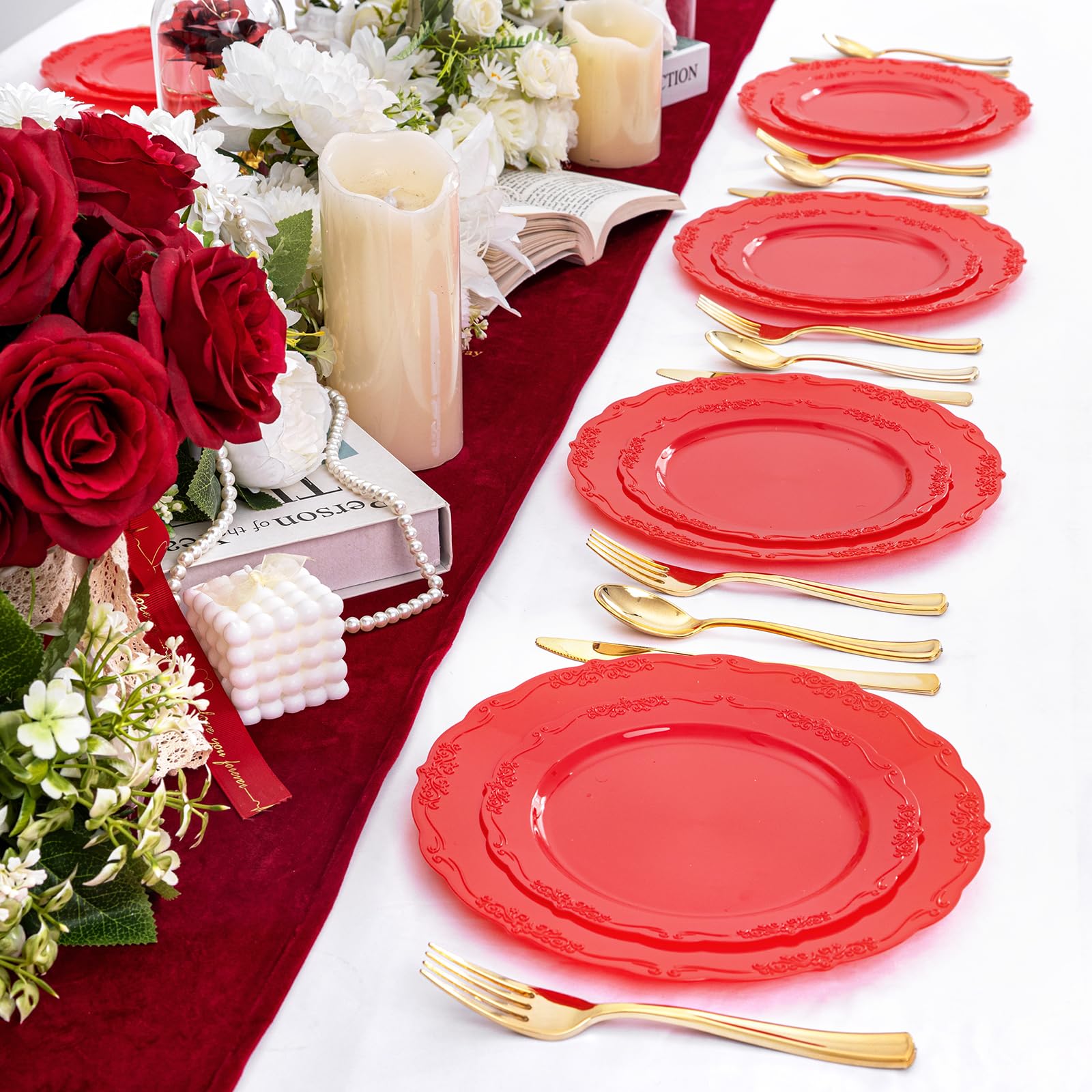 U-Qe 100Pcs Red Plastic Plates - Heavy Duty Valentines Plates Disposable, Red Plates Disposable Include 50Pcs 10.25'' Dinner Pla