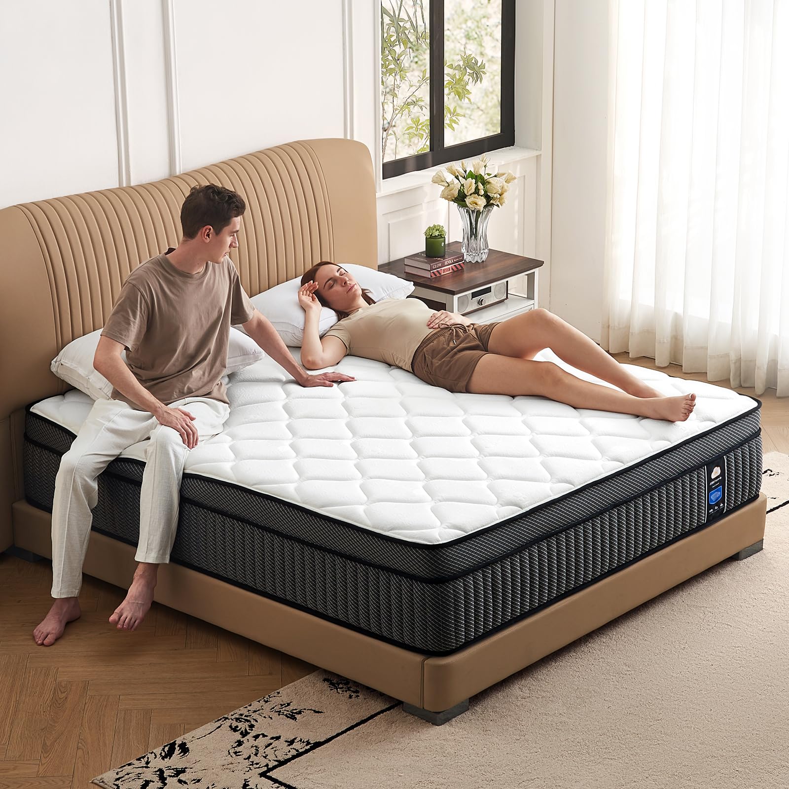 Queen Mattress 10 Inch, Queen Size Hybrid Mattresses In A Box, Medium Firm Feel Memory Foam And Individual Pocket Springs, Fiber