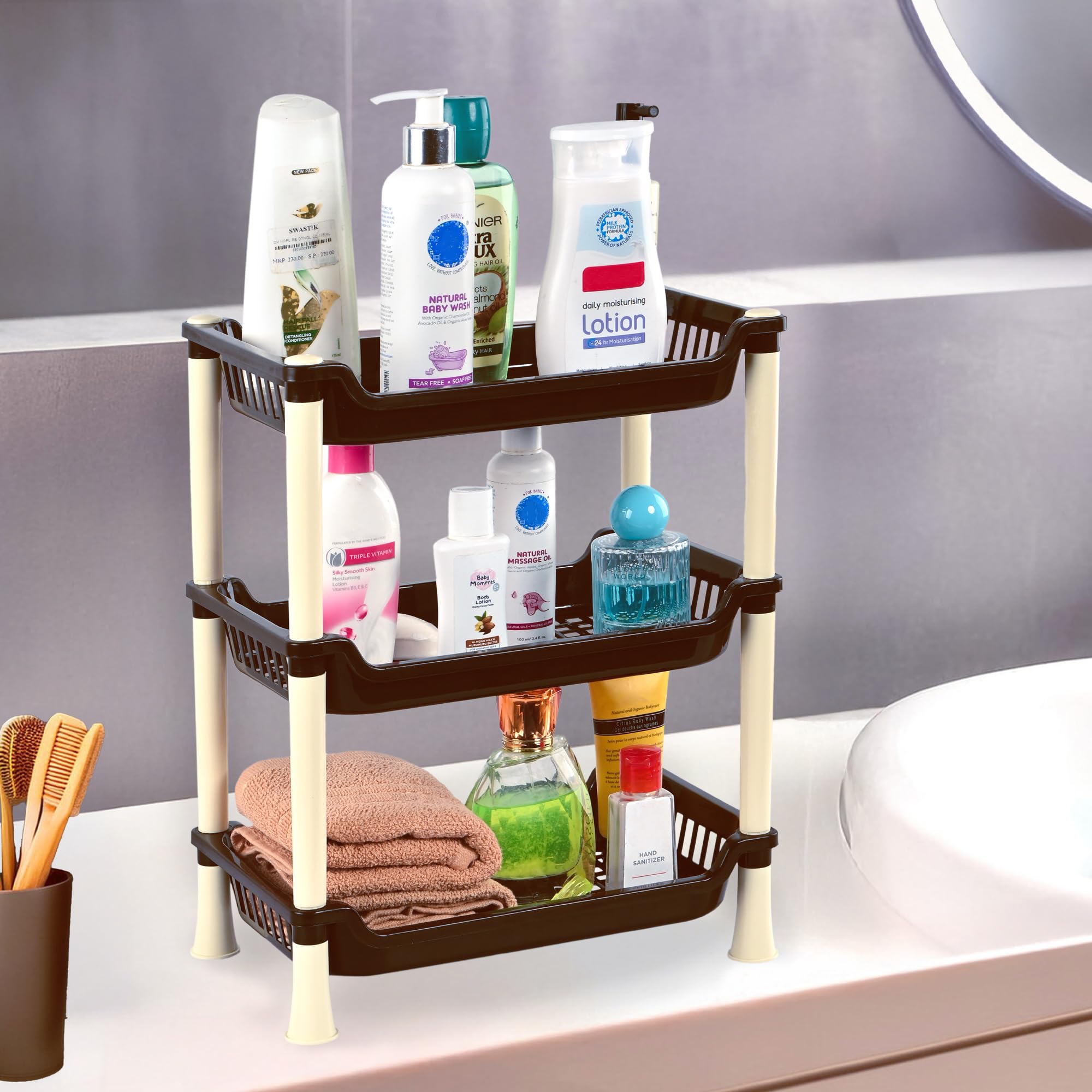 Kuber Industries Plastic Shelf Rack For Storage | Multipurpose Three Layer Storage Organizer Rack For Household, Office, Bedroom