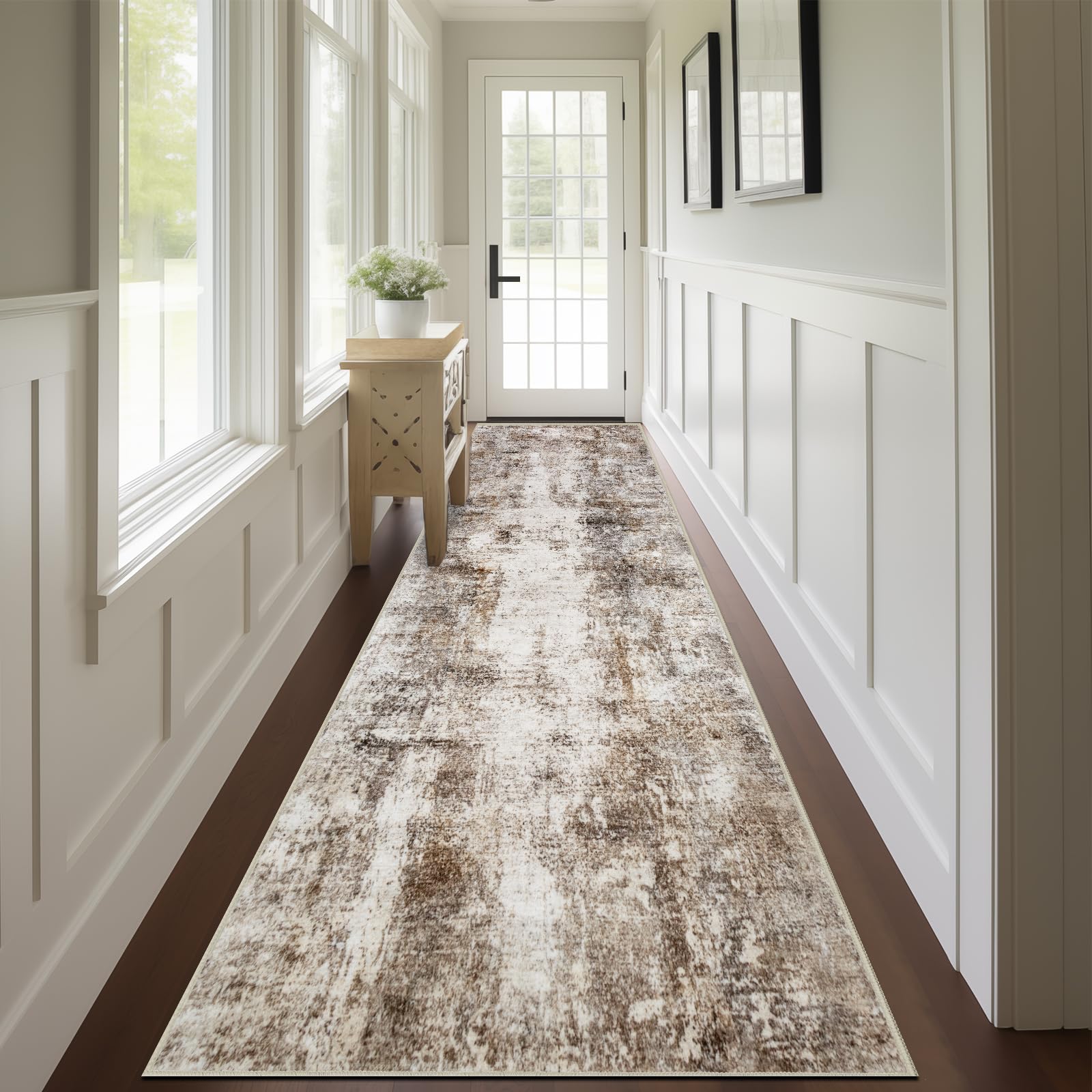 Capslpad Abstract Washable Runner Rug, 2x12 Brown Non-Slip Hallway Runner Rug, Modern Low Pile Kitchen Runner Rug, Ultra Soft Pr