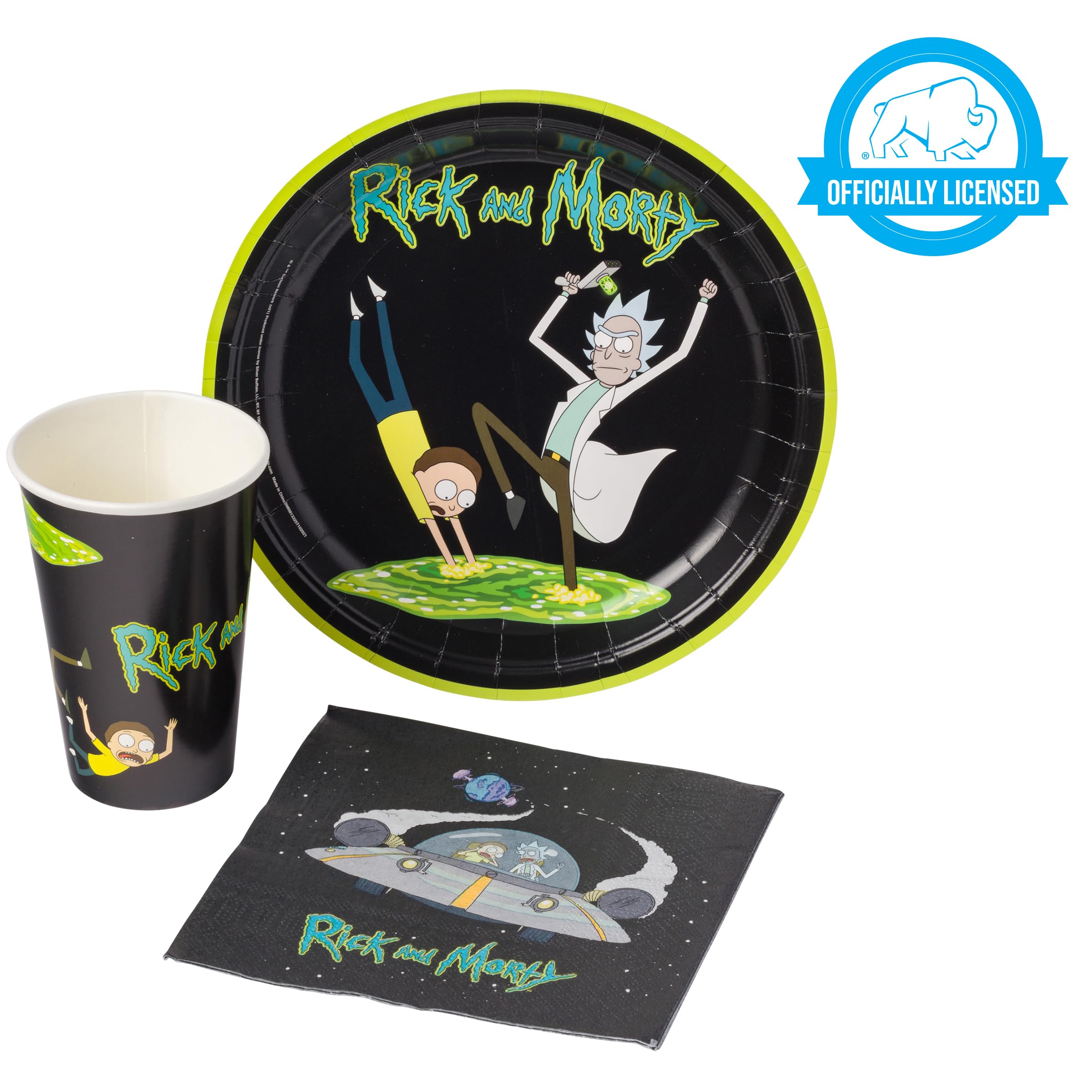Silver Buffalo Rick And Morty In The Portal 60 Pack Partyware Disposable Paper Plates, Napkins, And Cups
