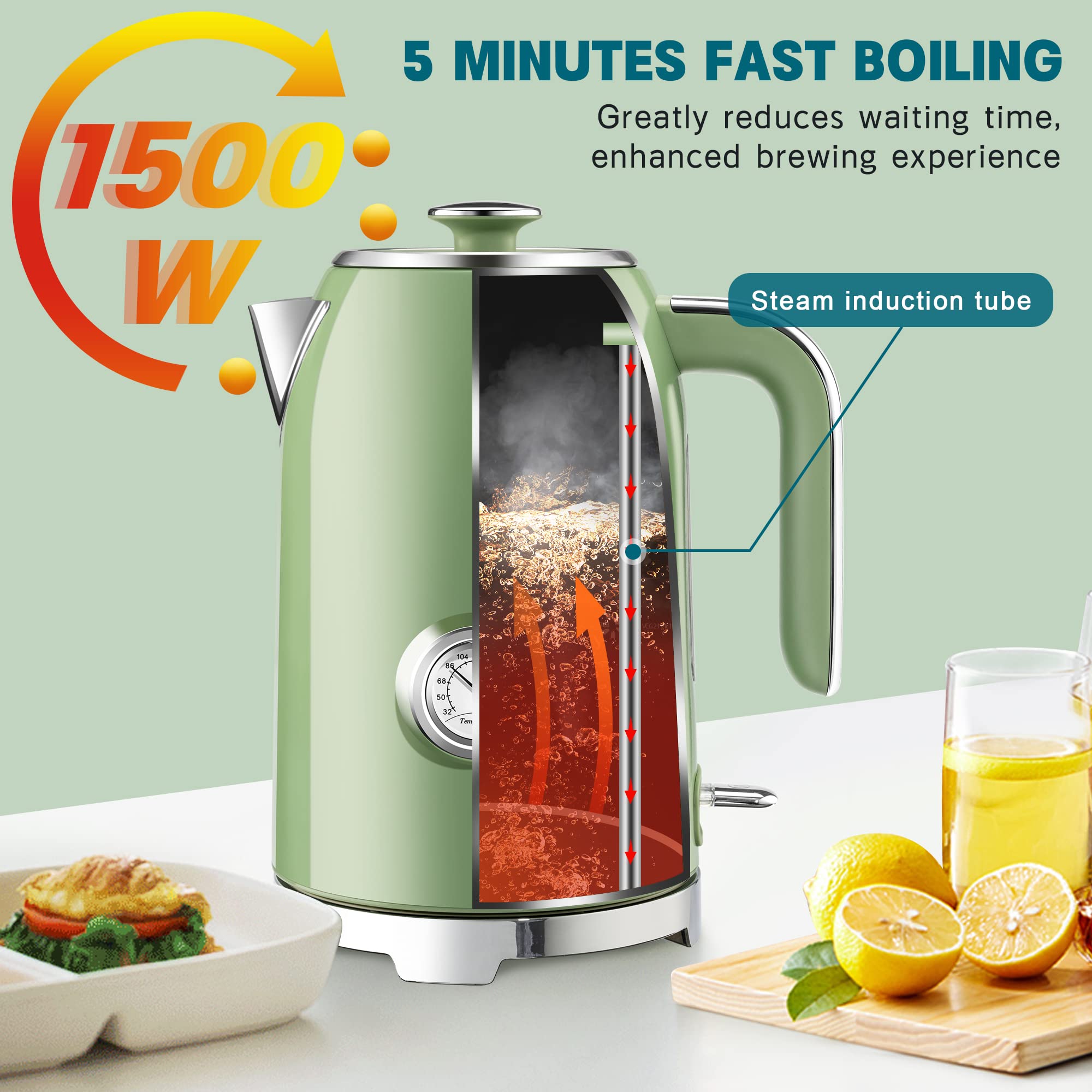 SUSTEAS Electric Kettle - 57oz Stainless Steel Water Boiler with Thermometer, Retro Green, 1500W Fast Heating, Auto Shut-Off