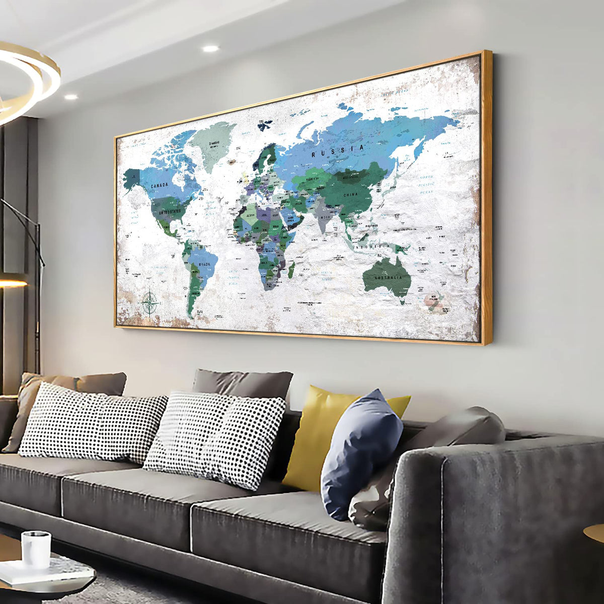 Framed Wall Art World Map Wall Art Canvas Picture 20Inchx40Inch Large Blue Map Of The World Canvas Painting Artwork Prints For O