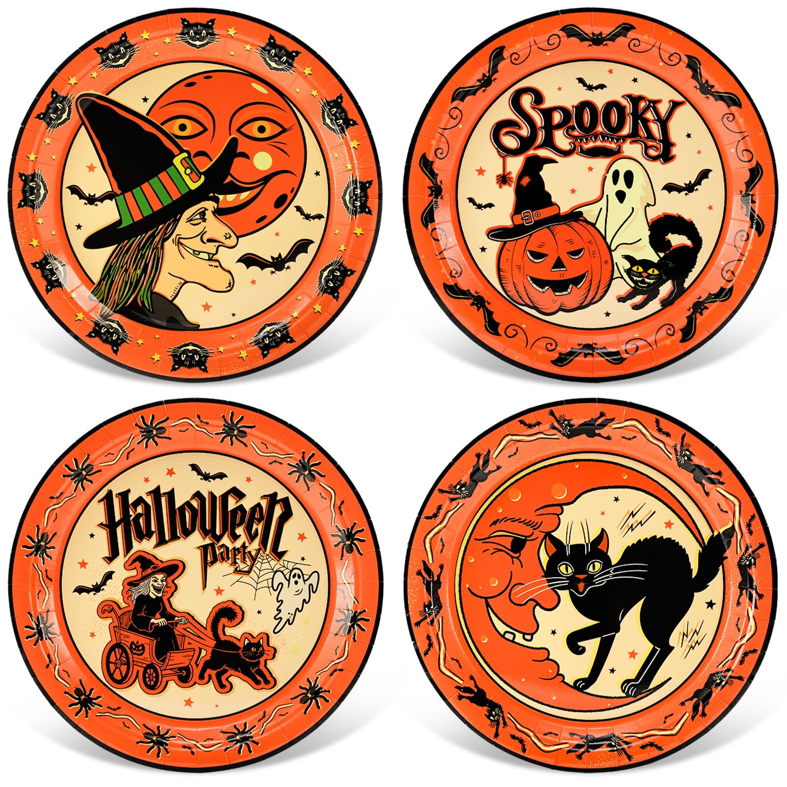 24 Pcs Halloween Paper Plates 9 In Black Cat Witch Pumpkin Ghost Plates Orange Black Spooky Halloween Party Plate Vintage Dispos