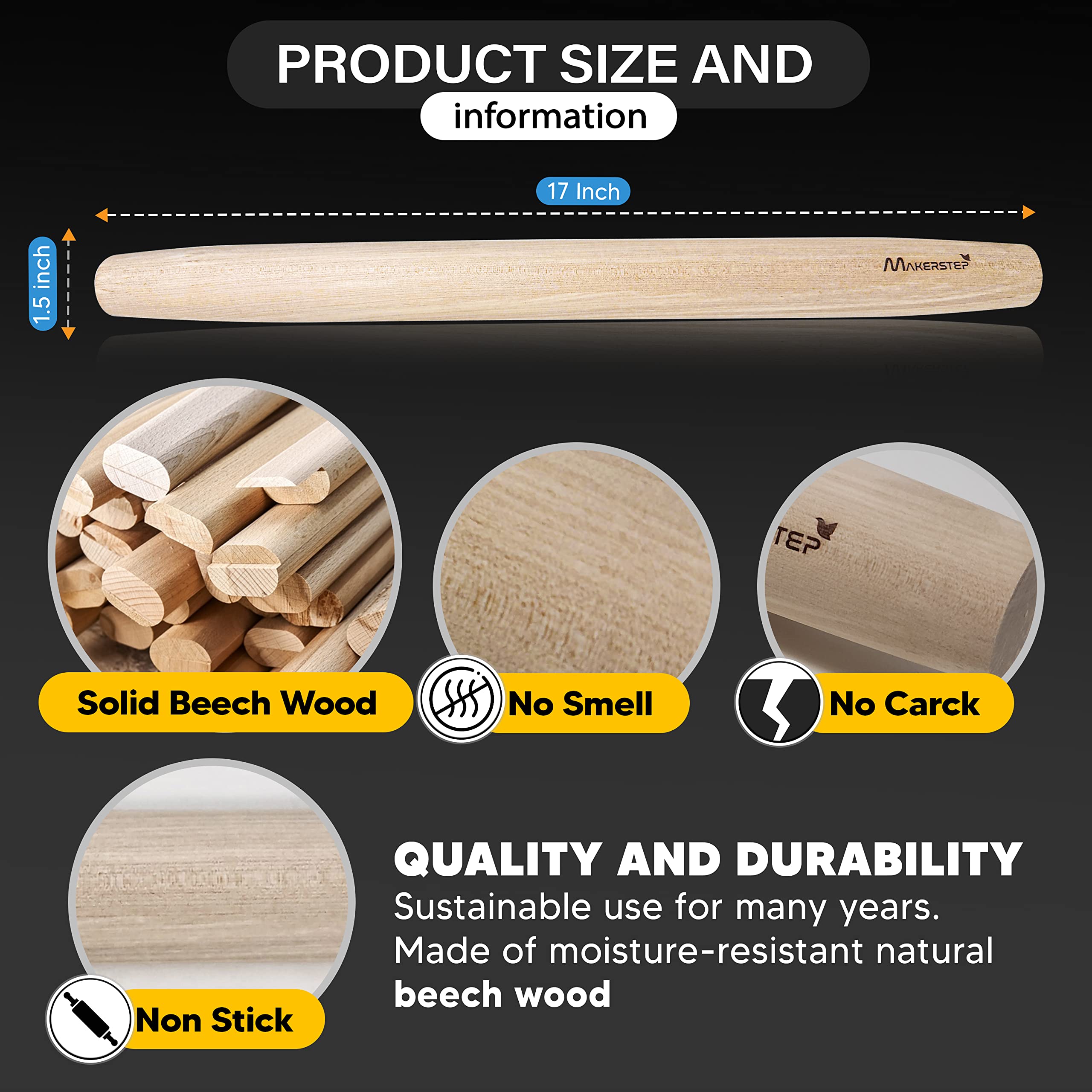 Makerstep French Wooden Rolling Pin 17 Inches, Natural Wooden Rolling Pin For Baking Pizza Dough, Cookie, Pastry, Pie Crust. Smo