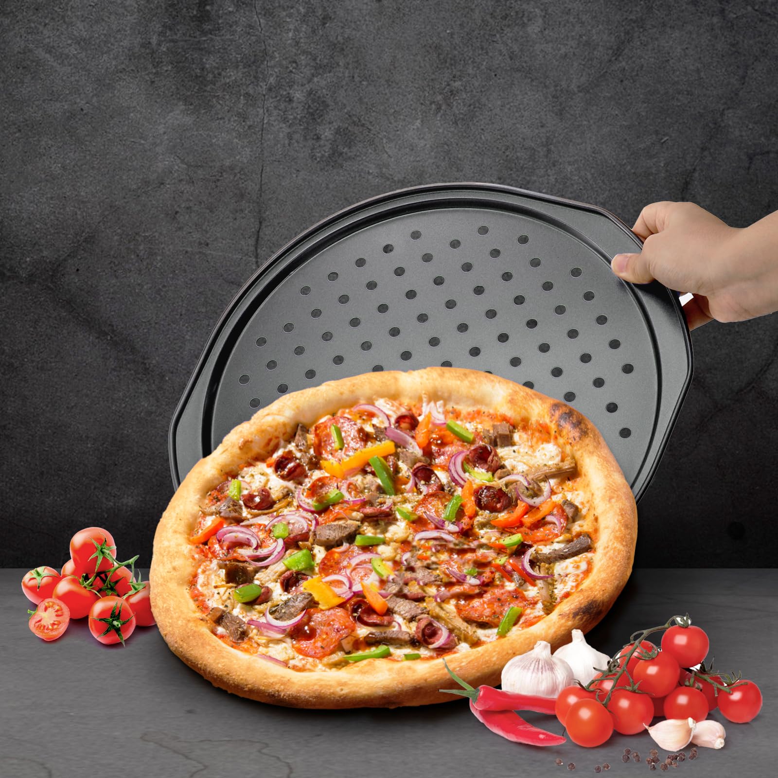 Topzea 3 Pack Pizza Tray For Oven, 12 Inch Non-Stick Carbon Steel Pizza Pans With Holes & Handles, Crisper Pans Round Cookie Bak