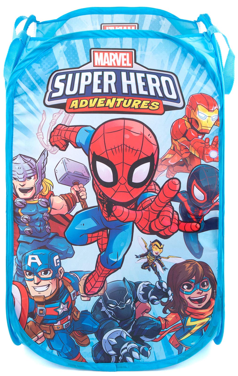 Marvel Super Hero Adventures Pop Up Hamper - Mesh Laundry Basket/Bag With Durable Handles - Features Spiderman, Iron Man, Captai