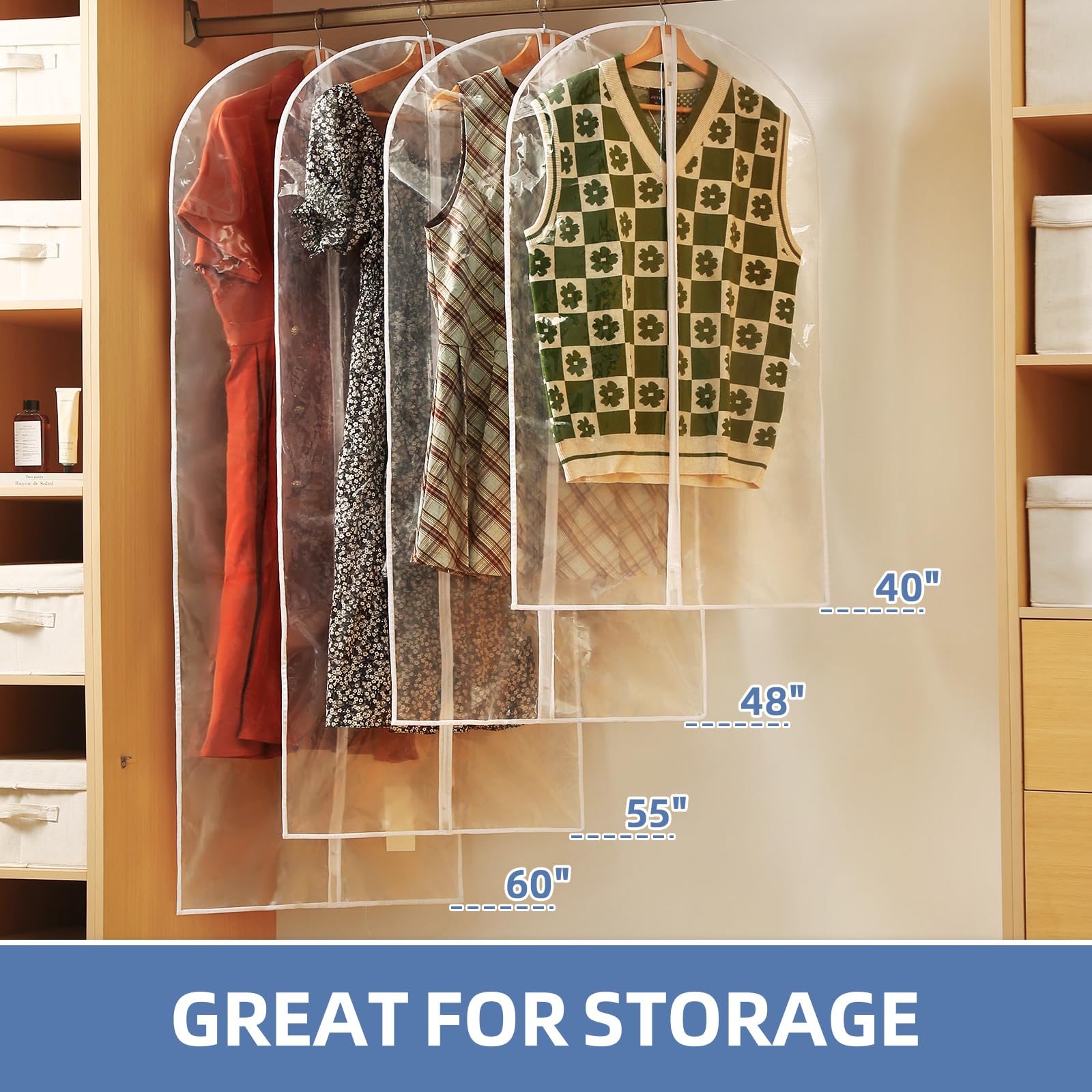 Perber 12 Packs All Clear Garment Bags For Hanging Clothes, Suit Bags For Closet Storage, Plastic Waterproof Suit Cover Bags Wit