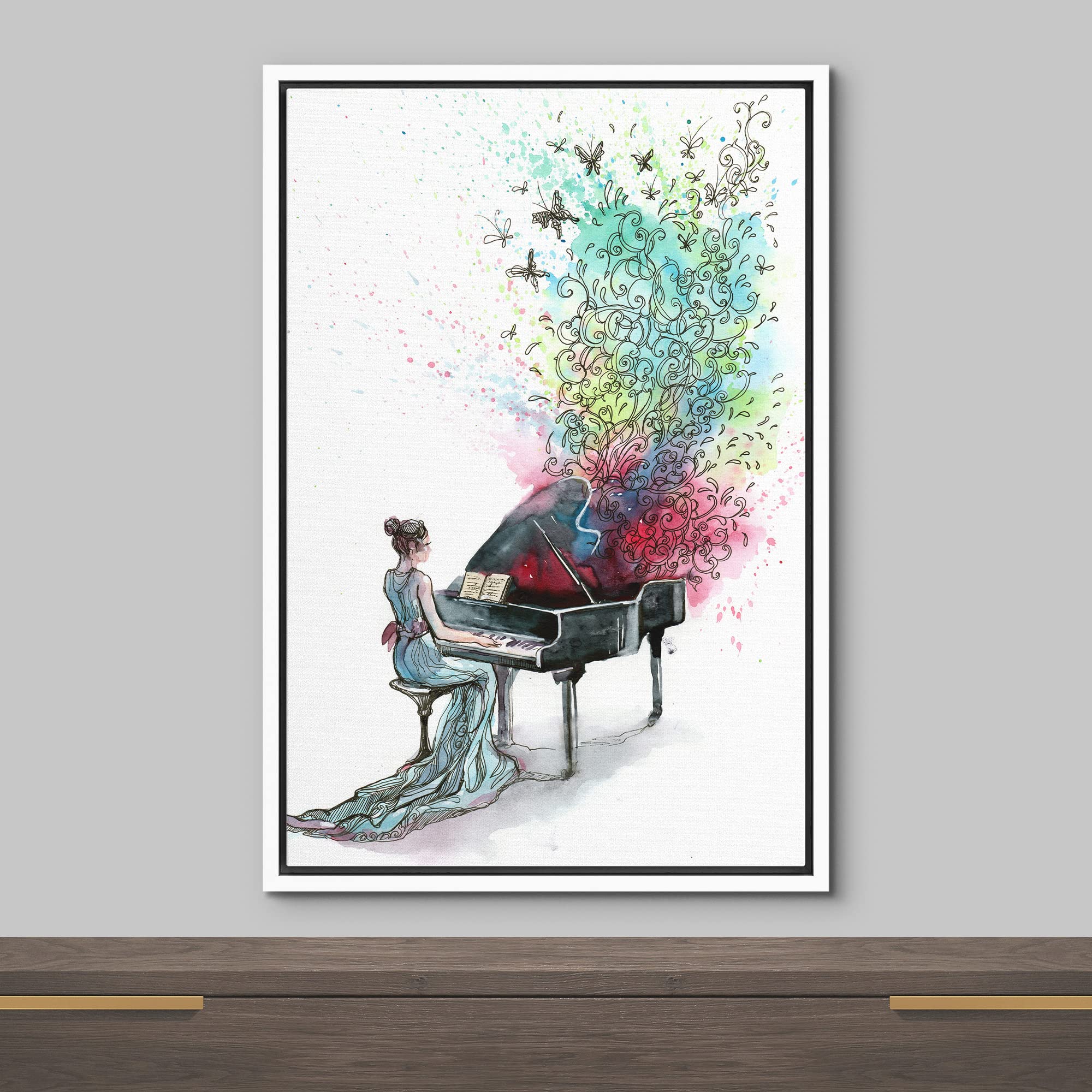 Wall26 Framed Canvas Prints Wall Art - Grand Piano Music - 24''X36'' White