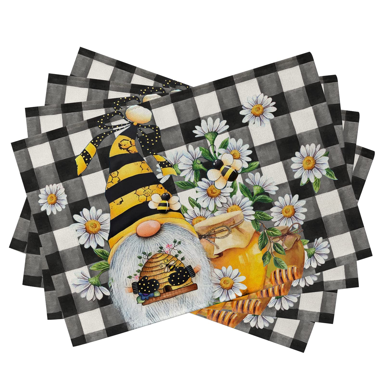 Seliem Spring Bee Gnome Daisy Placemats Set Of 4, Honey Black White Buffalo Check Plaid Dining Table Place Mats, Summer Seasonal