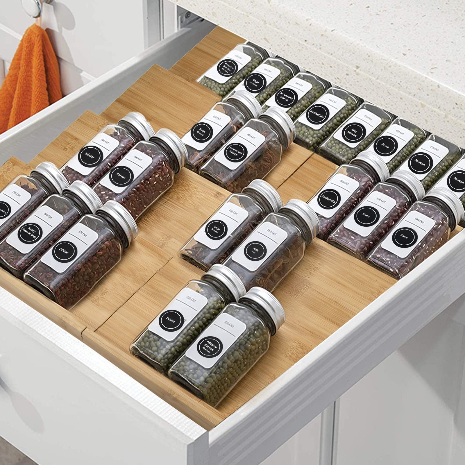 Matiko 8 Pcs Bamboo Drawer Spice Rack Wooden Kitchen Cabinet Drawer Spice Organizer Spice Jar Holder, Medicine/Health Care/Vitam