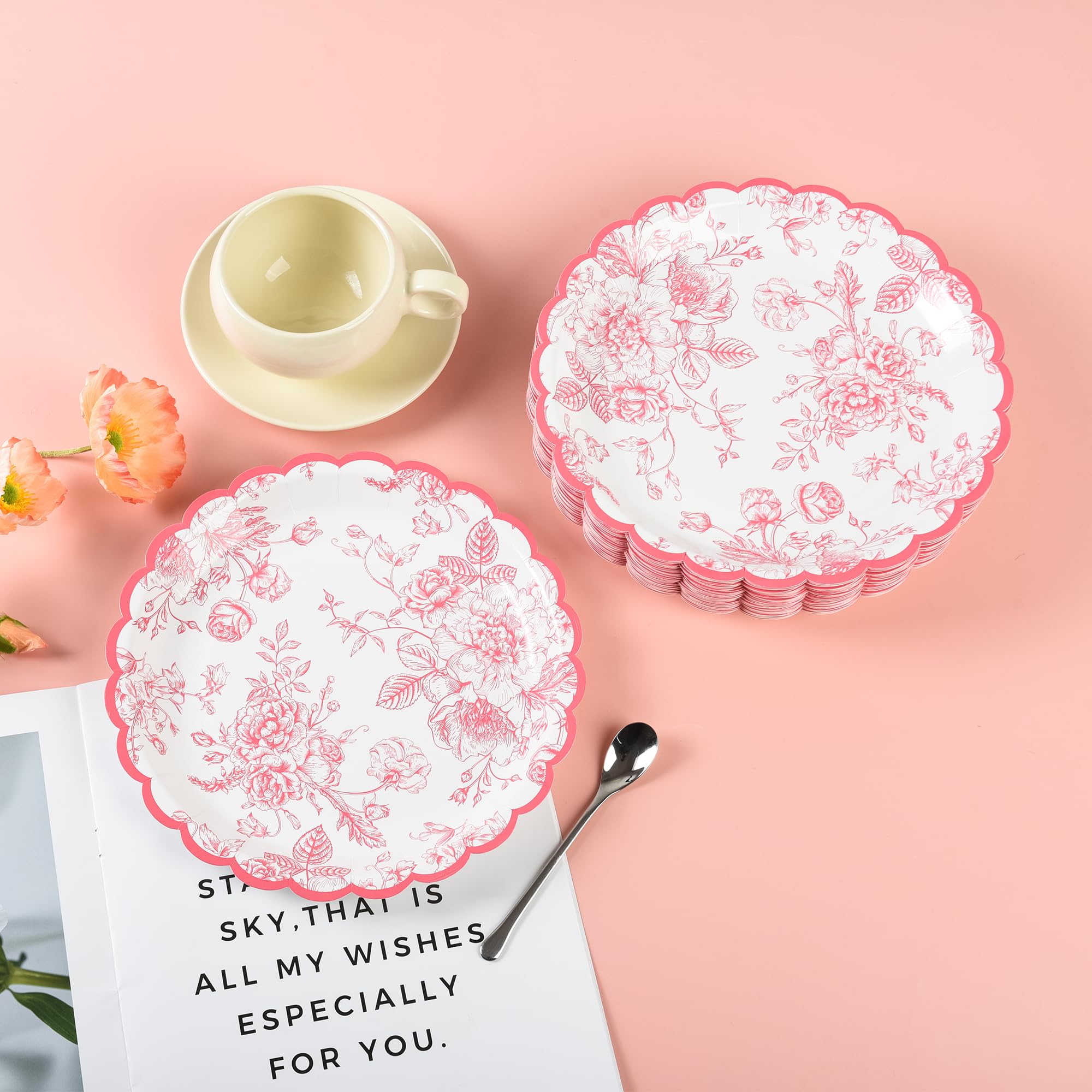 Elyxio Pink Floral Party Plates Floral Leaf Scalloped Disposable Paper Plates Pink And White Toile 9'' Dinner Plates For Valenti