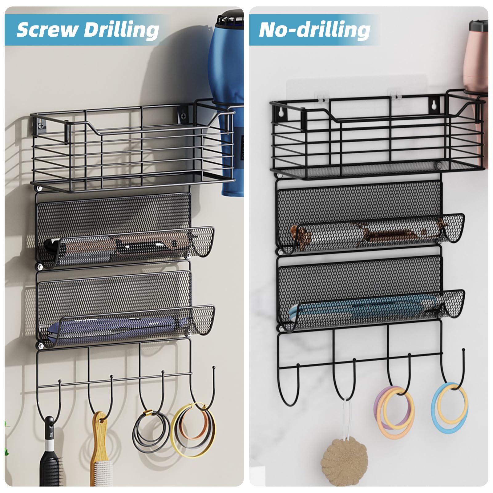 Vitviti Metal Hair Tool Organizer Wall Mount, Hair Dryer Holder With 3 Tier Shelf Basket Hooks, Bathroom Hair Styling Tool Organ