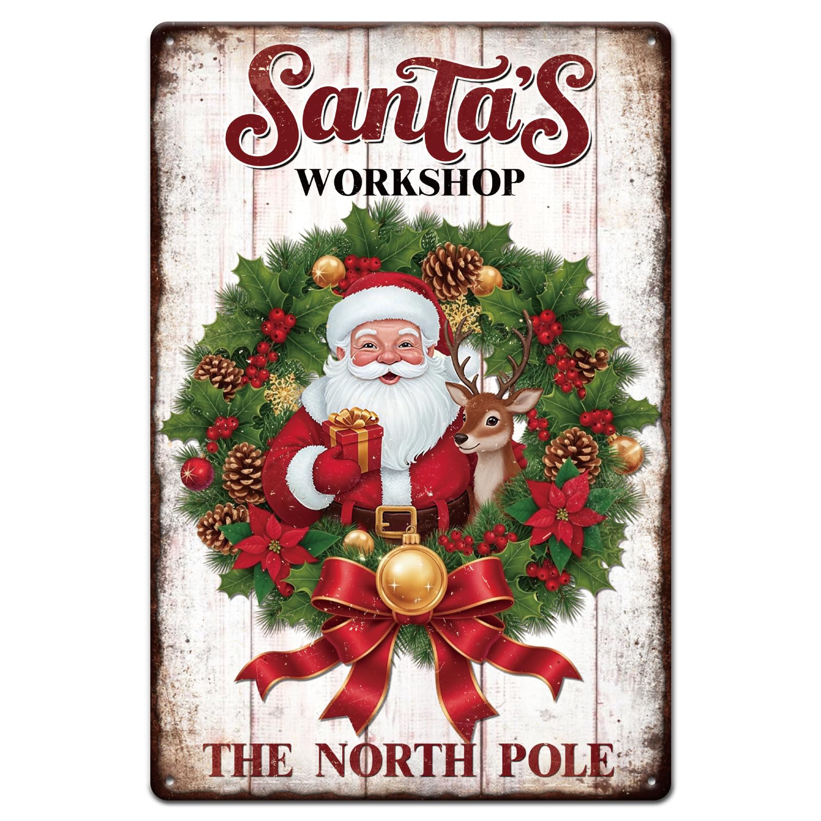 GLOBLELAND Christmas Santa Claus Wreath Metal Tin Sign 8x12in Santa's Workshop Tin Sign Wall Poster Plaque for Living Room Chris