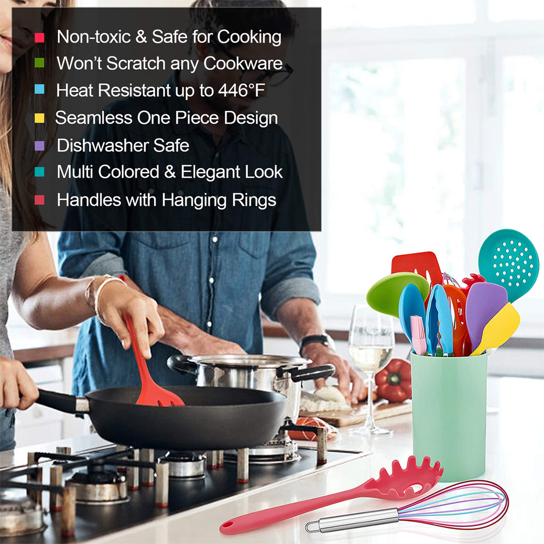 Lianyu 12-Piece Silicone Kitchen Cooking Utensils With Holder, Kitchen Tools Set Include Slotted Spatula Spoon Turner Ladle Tong