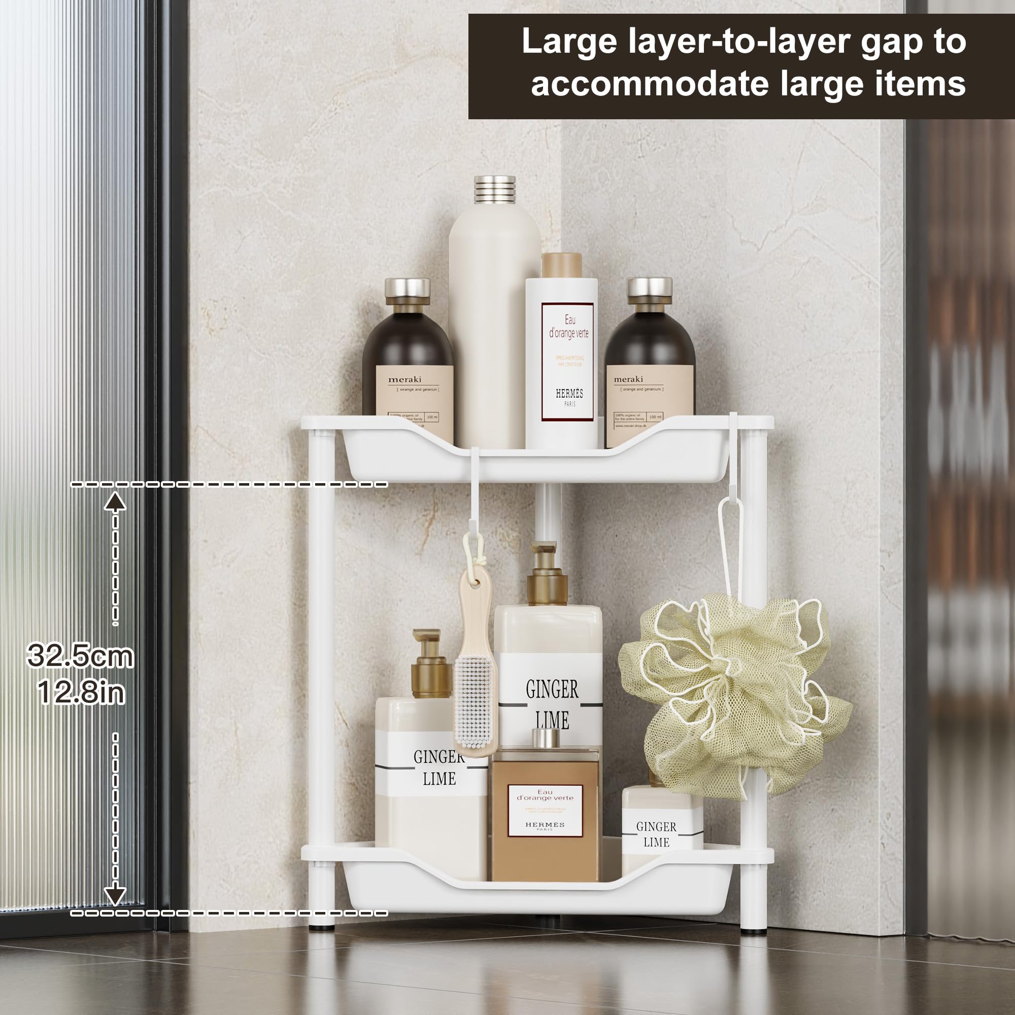 Orimade Rustproof 2 Tier Floor Standing Corner Shower Caddy Organizer, Plastic Metal Splicing Floor Corner Shelf Rack Stands For