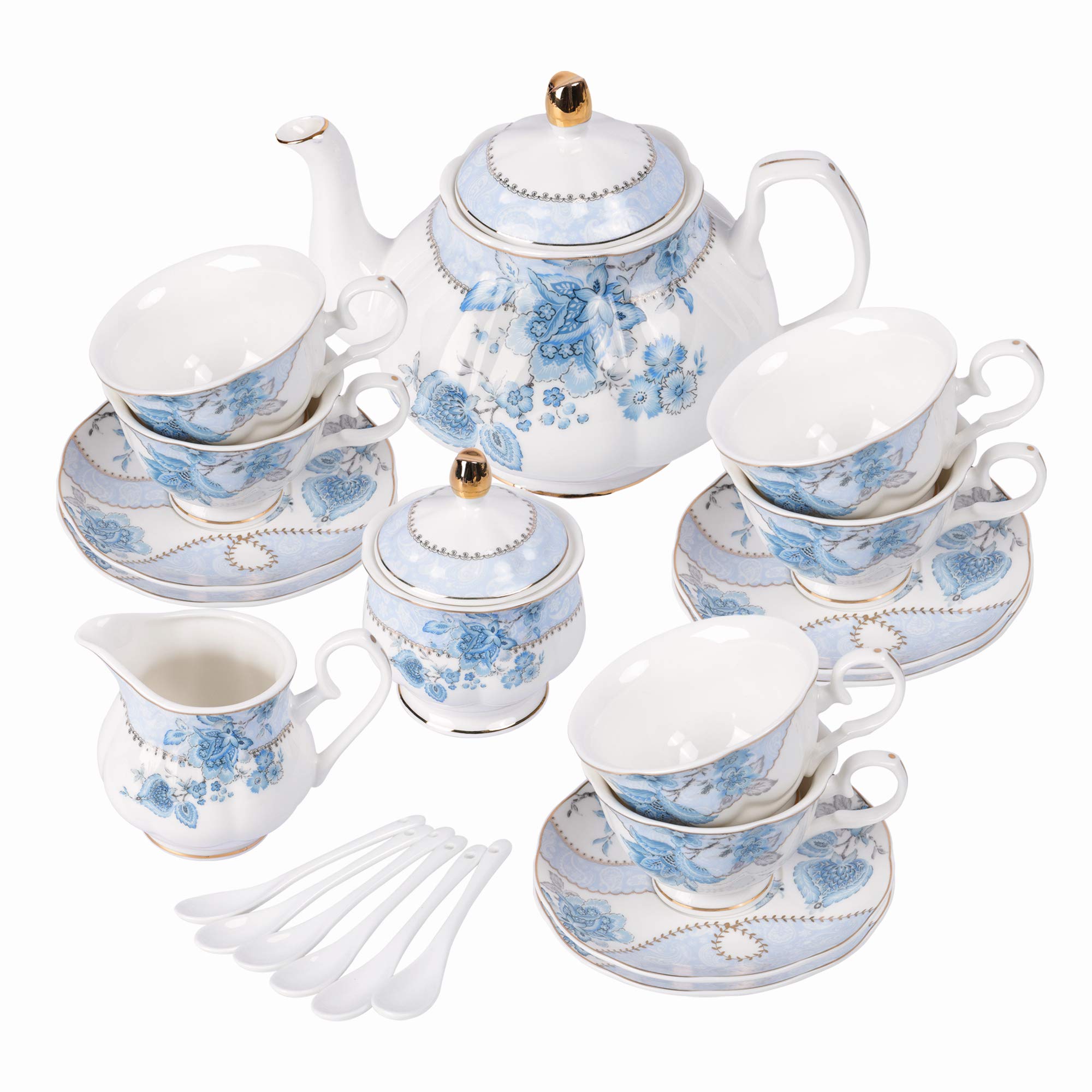 Fanquare Blue Flowers Porcelain Tea Set,Tea Cup And Saucer Set,Service For 6,Wedding Teapot Sugar Bowl Cream Pitcher,China Coffe