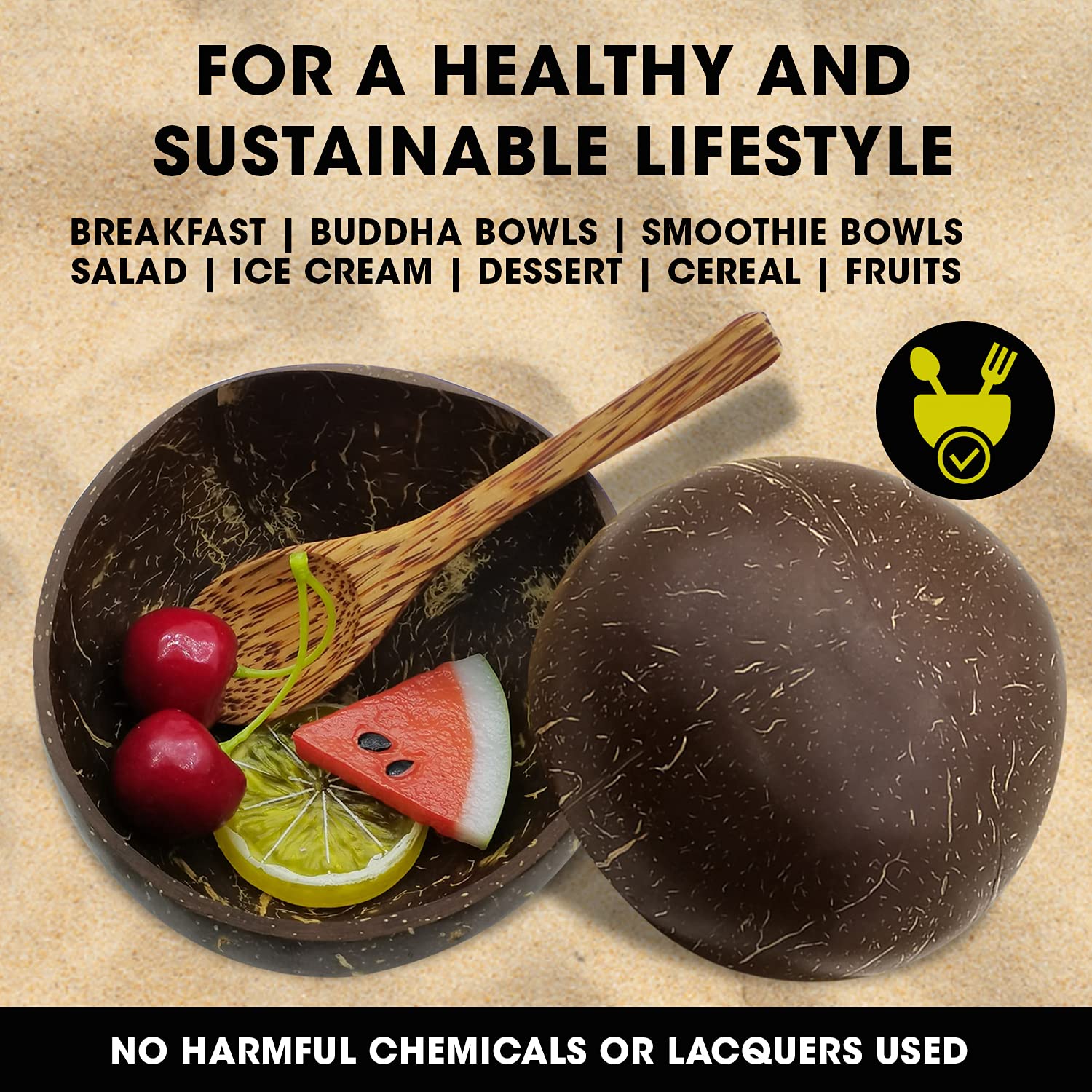 Cerem Coconut Bowl & Wooden Spoon, Fork Set - Handmade Natural Coconut Bowls For Acai, Smoothie, Buddha Bowls - Eco Friendly Veg