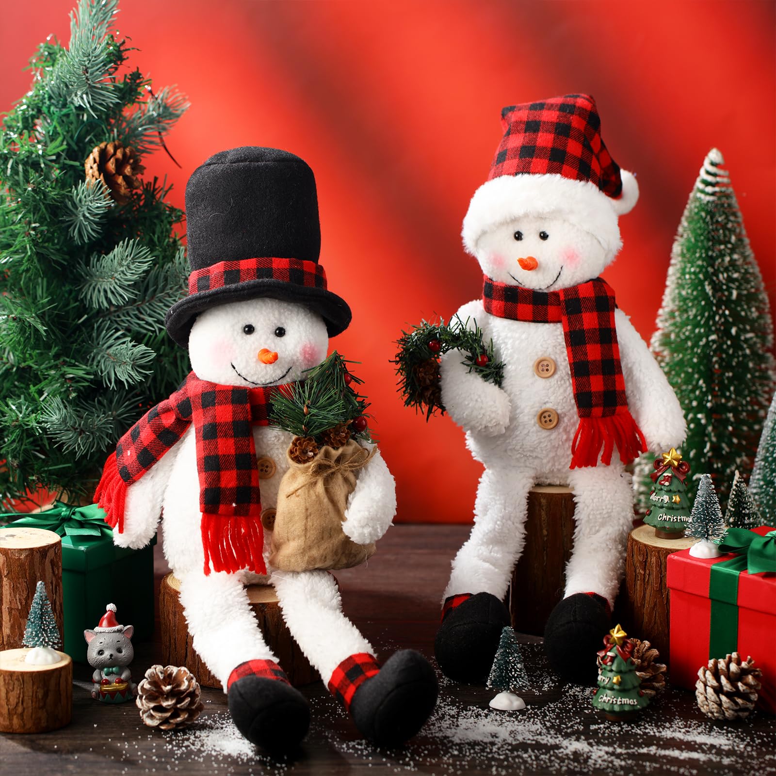 Liliful 2 Pcs Christmas Snowman Decorations Christmas Shelf Sitters with Dangling Leg Christmas Stuffed Toy Plush Sitting Snowma