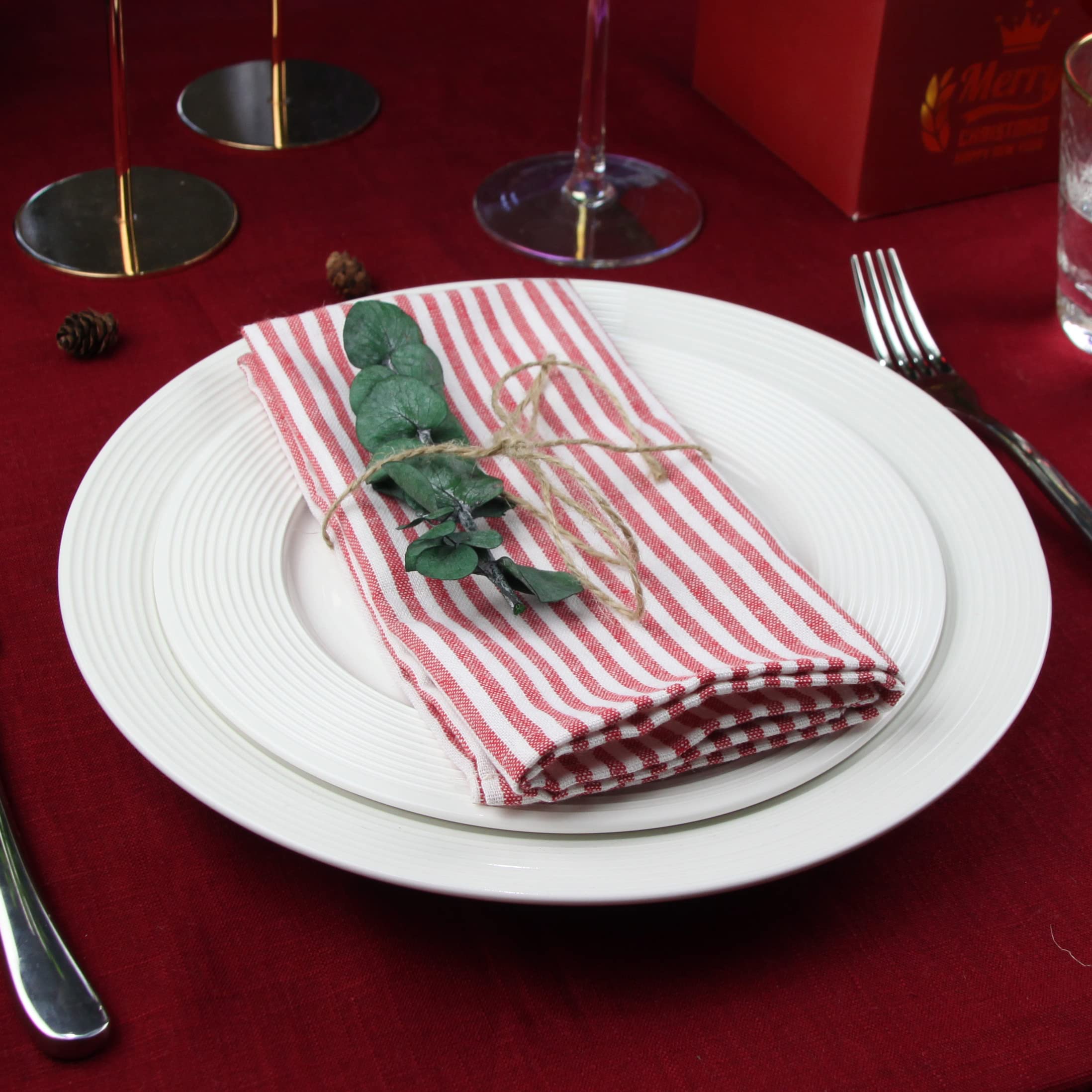 Infei Plain Striped Cotton Linen Blended Dinner Cloth Napkins - Set Of 12 (40 X 30 Cm) - For Events & Home Use (Red)