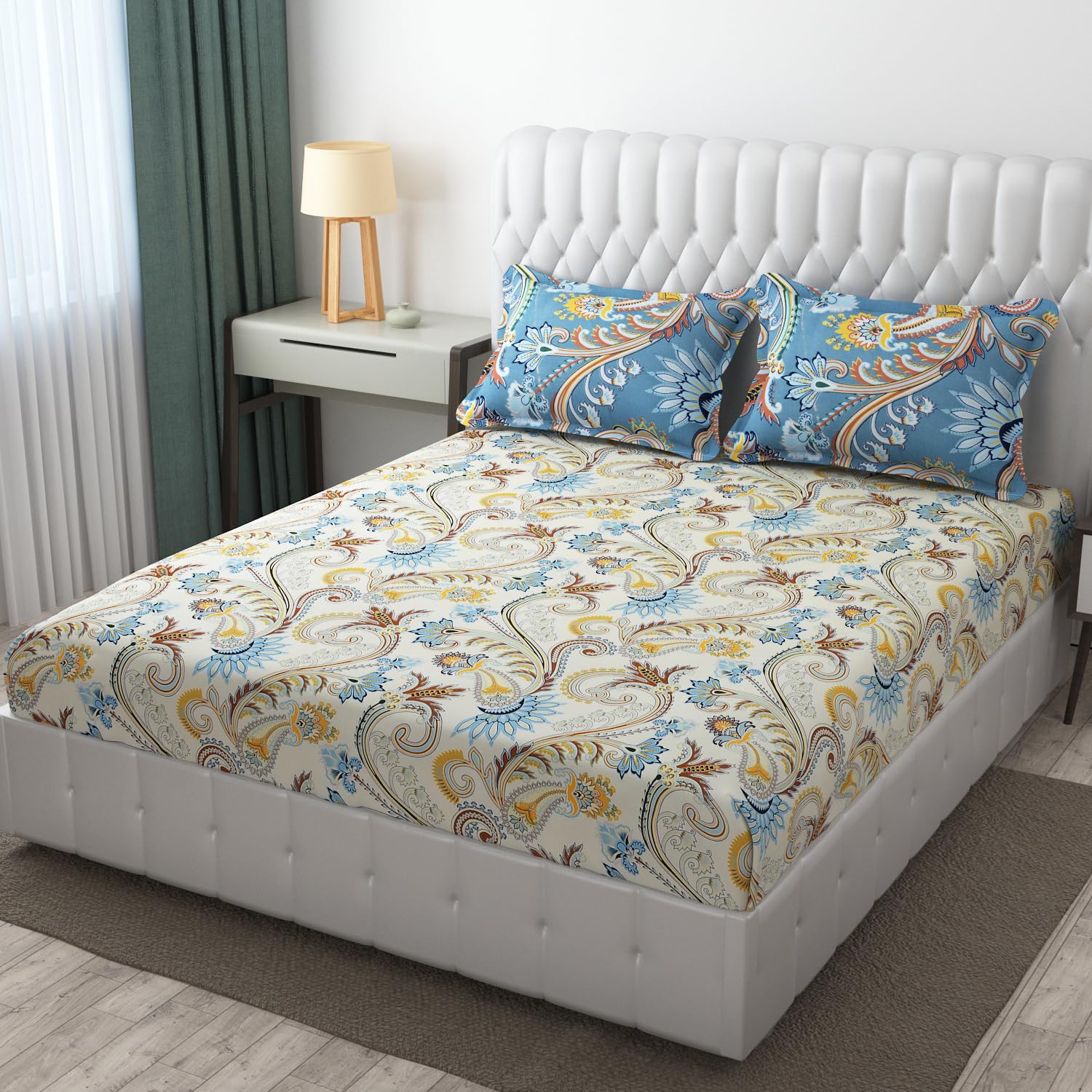 IVAZA 220 TC 100% Cambric Cotton Elastic Fitted Floral Printed King Size Double Bed Bedsheet wih 2 Pillow Cover (72x78) Oxford