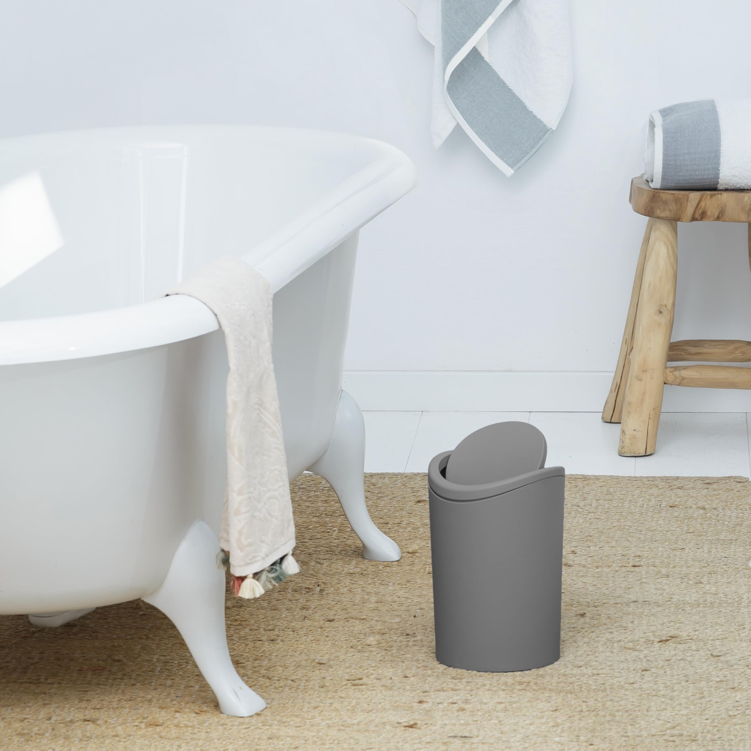 Superio Mini Bathroom Trash Can With Lid, Modern Grey Mini Waste Bin With Swing Lid (1 1/2 Gallon, 6 Liter) Plastic Garbage Can