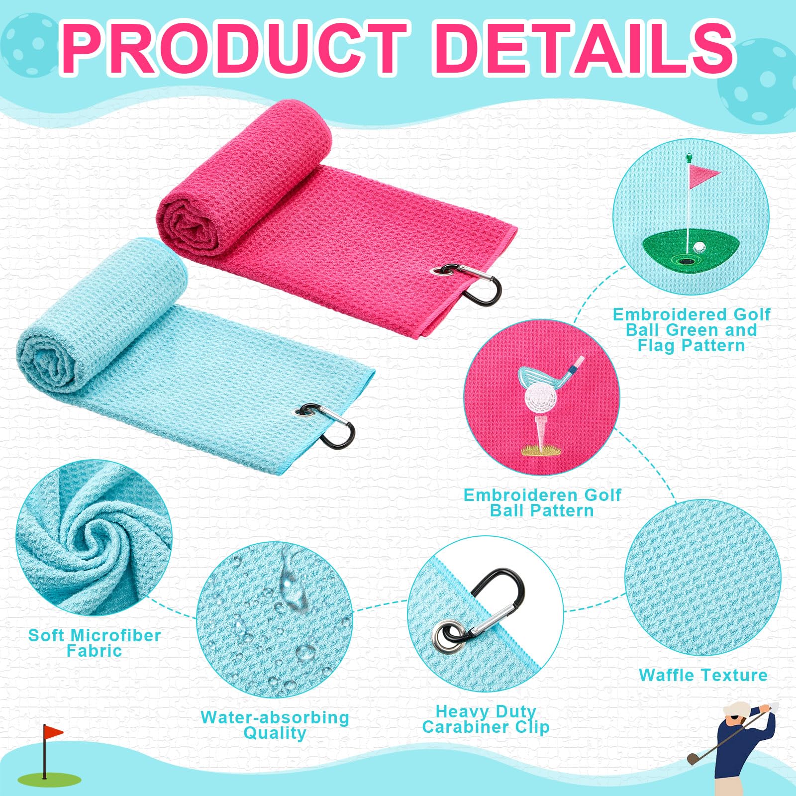 Mindsoft 2 Pieces Funny Golf Towel Microfiber Embroidered Ball Towels for Women Ball Bags with Clips Accessories Waffle Pattern