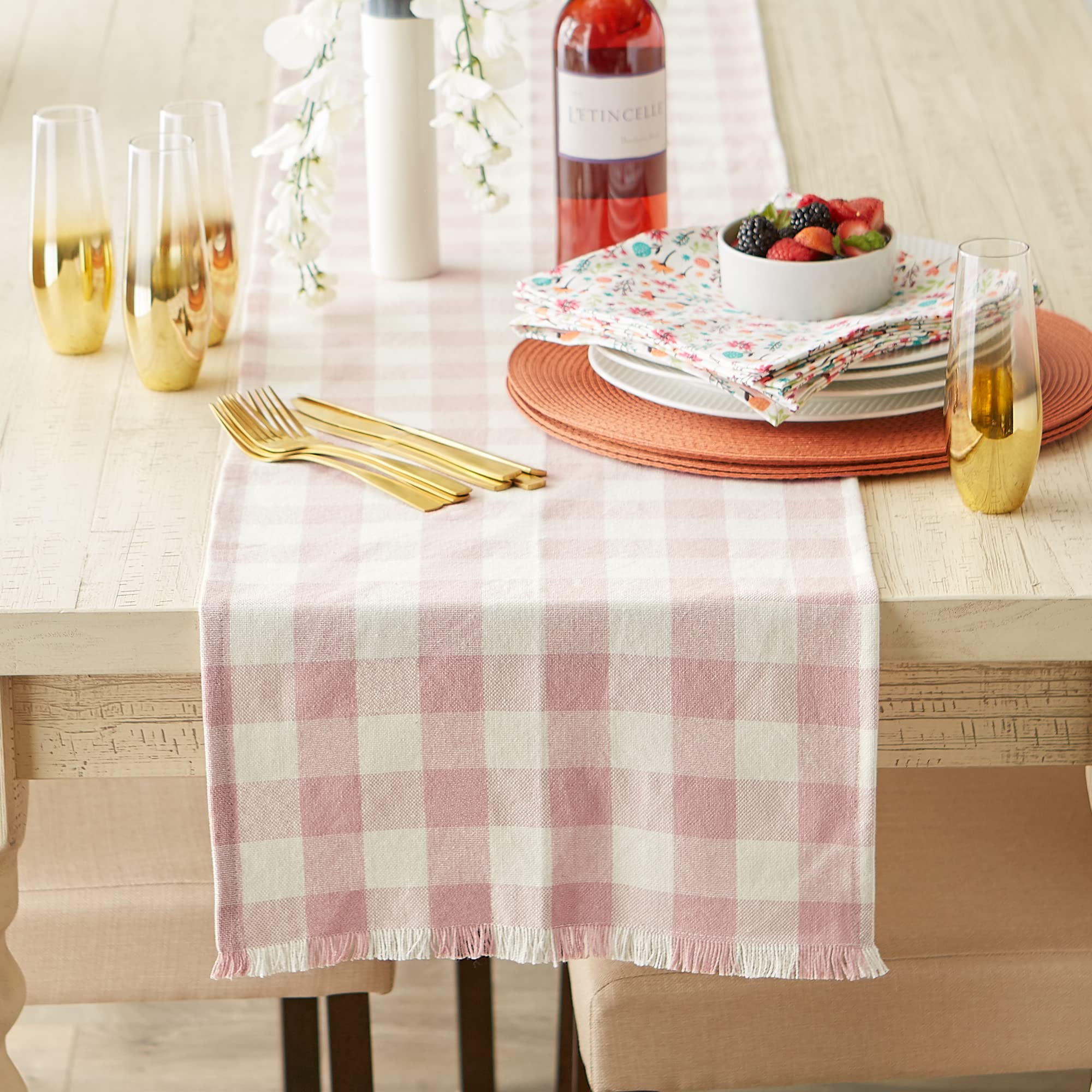 DII Heavyweight Fringed Check Tabletop Collection  Table Runner  14x72  Pale Mauve