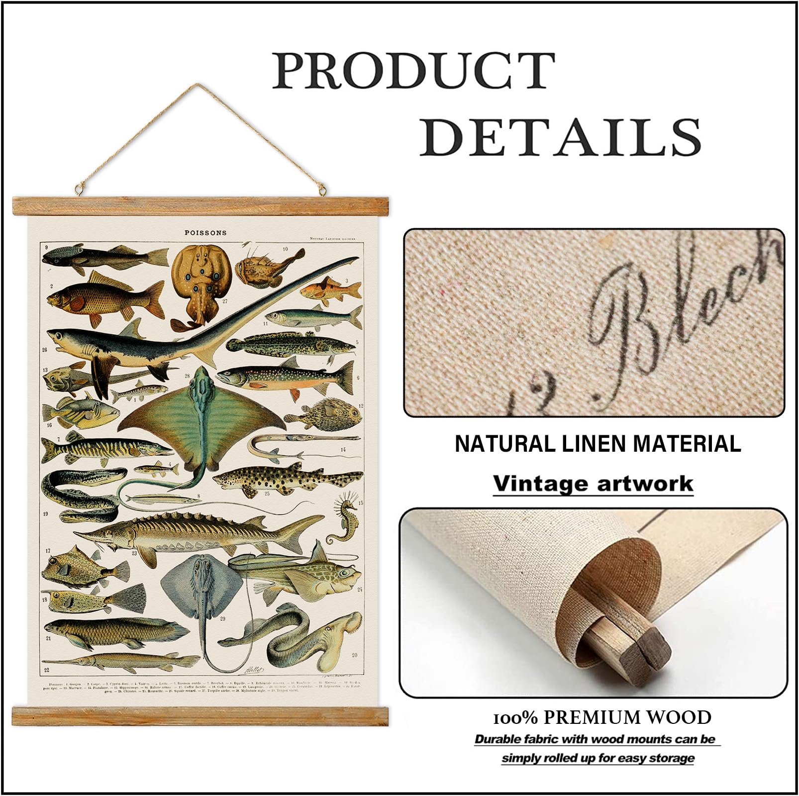 Ovfovy Vintage Fish Poster, Rustic Room Aesthetic, Retro Wall Art Prints Without Fading, Printed On Linen With Wood Frames, Read