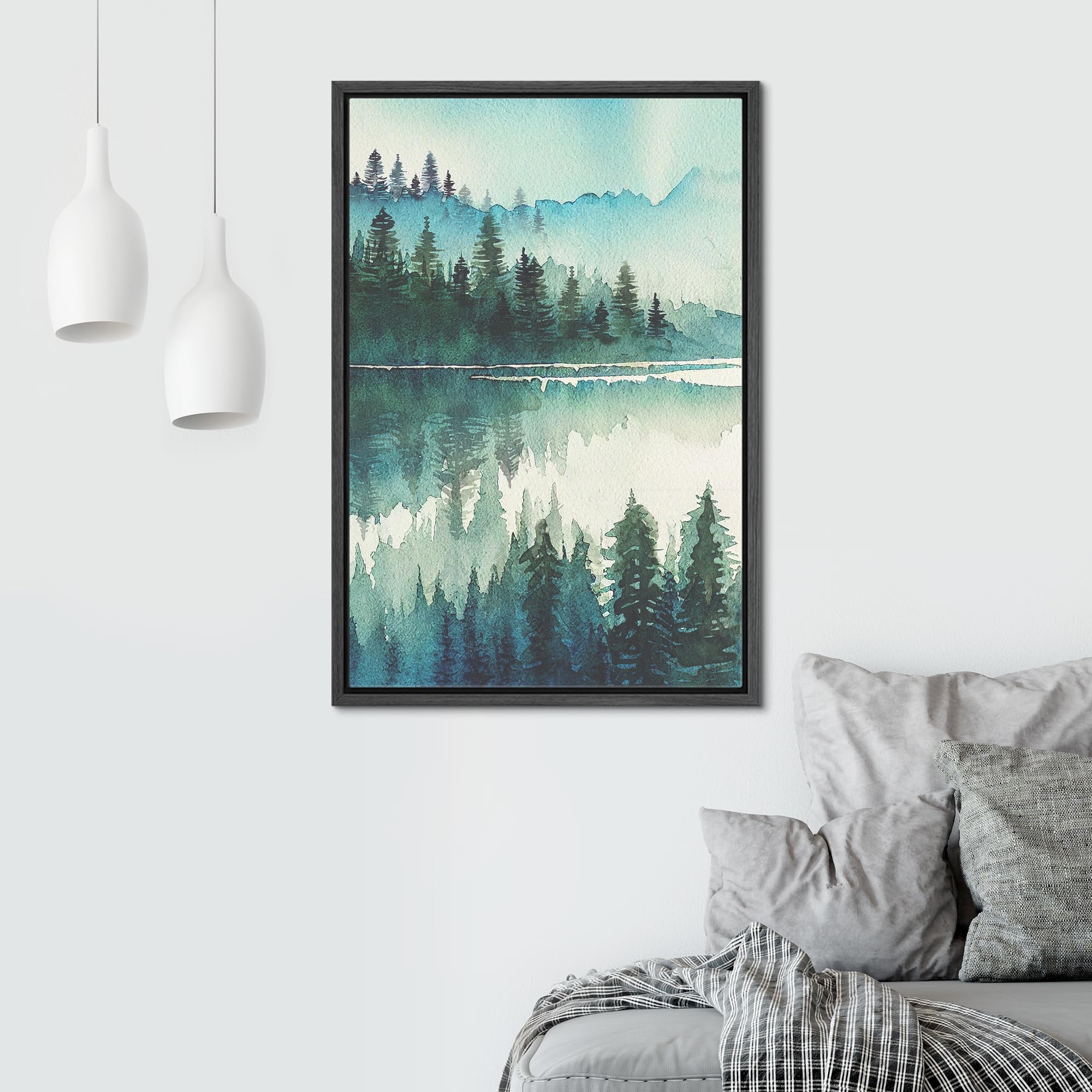 Signwin Framed Canvas Print Wall Art Teal Pastel Mountain Range Lake Nature Landscape Prints Minimalist Modern Art Woodland Nurs