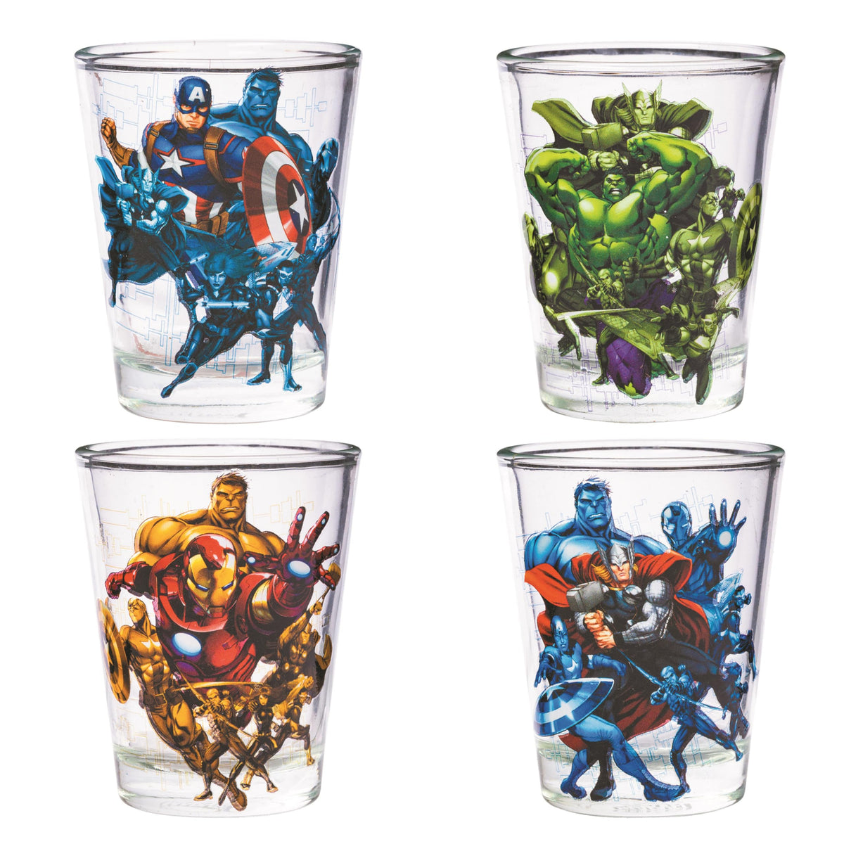 Silver Buffalo Marvel Team Avengers 4Pc Clear Mini Glass Set, 1.5 Ounces