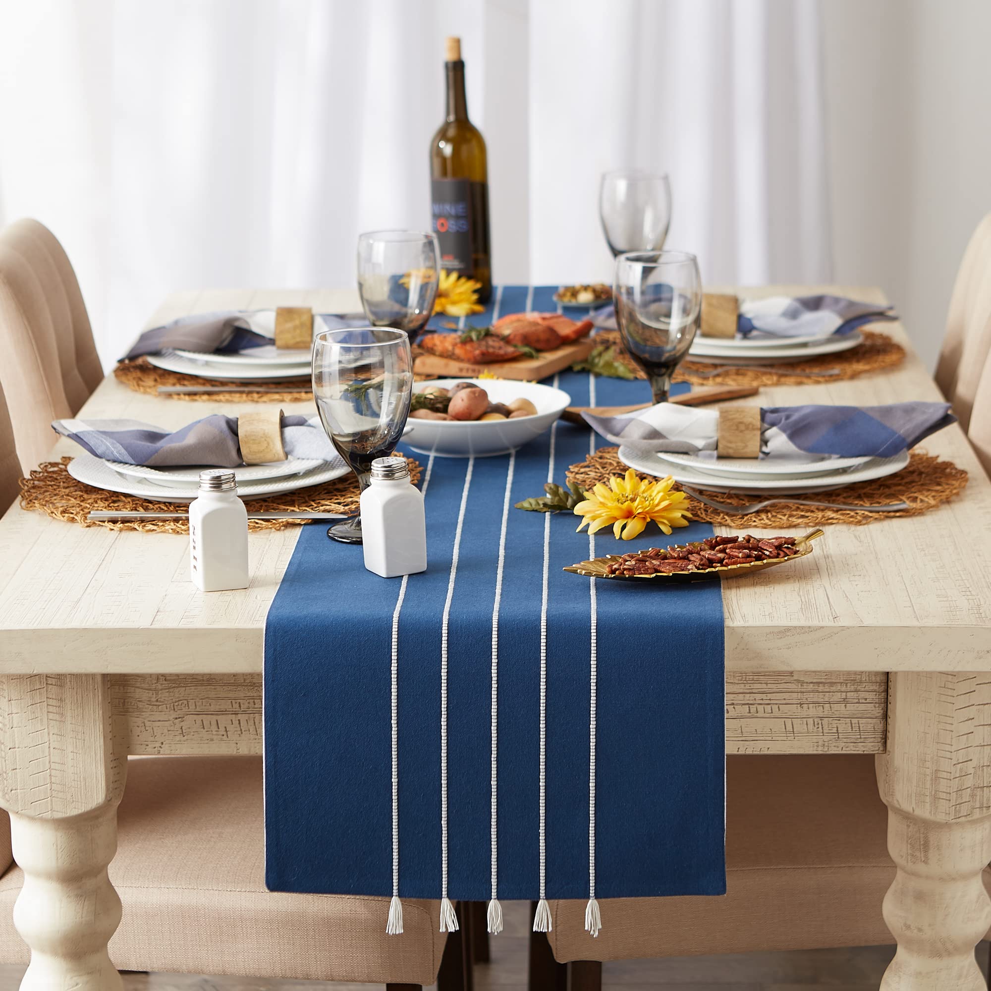 Dii Tassel Stripe Tabletop Collection Decorative, Machine Washable, Table Runner 14X72, Navy & Off-White