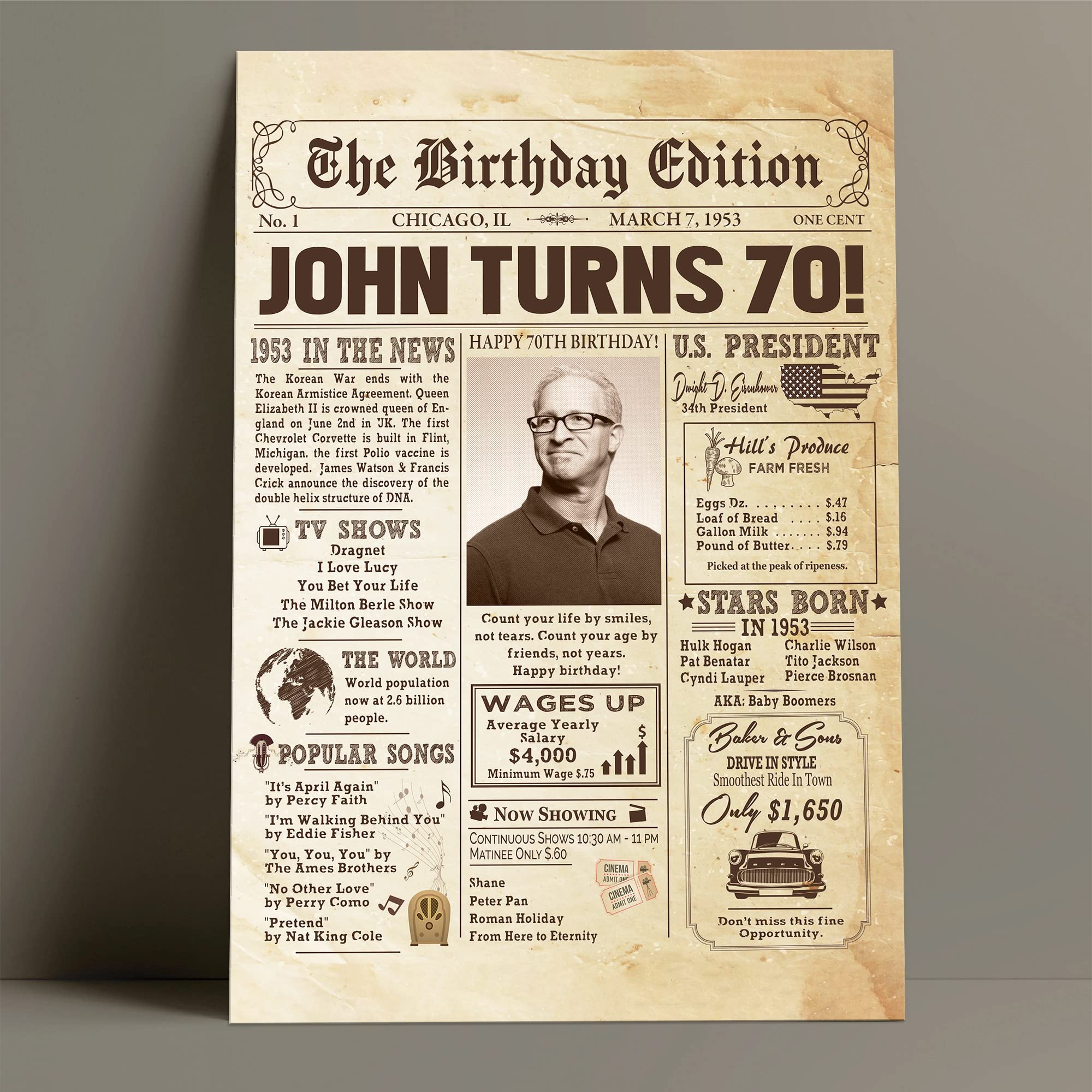 Personalized 70Th Birthday Newspaper Poster No Frame, Canvas Back In 1953 Gifts Idea Birthday, Anniversary, Custom Photo Birthda