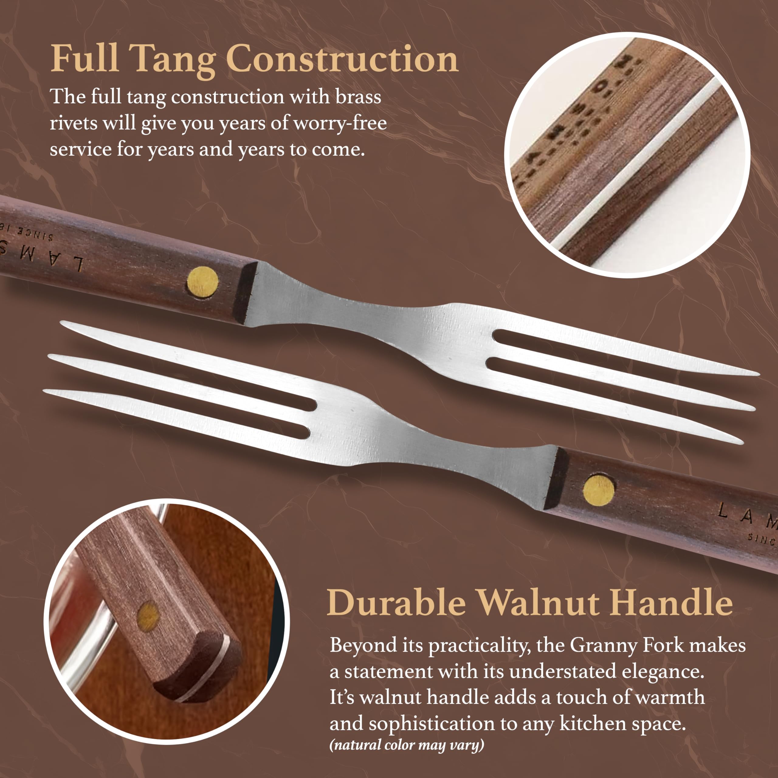 Lamson 7-Inch Granny Fork, 3-Tine, Stainless Steel, Walnut Finish, Model 33420