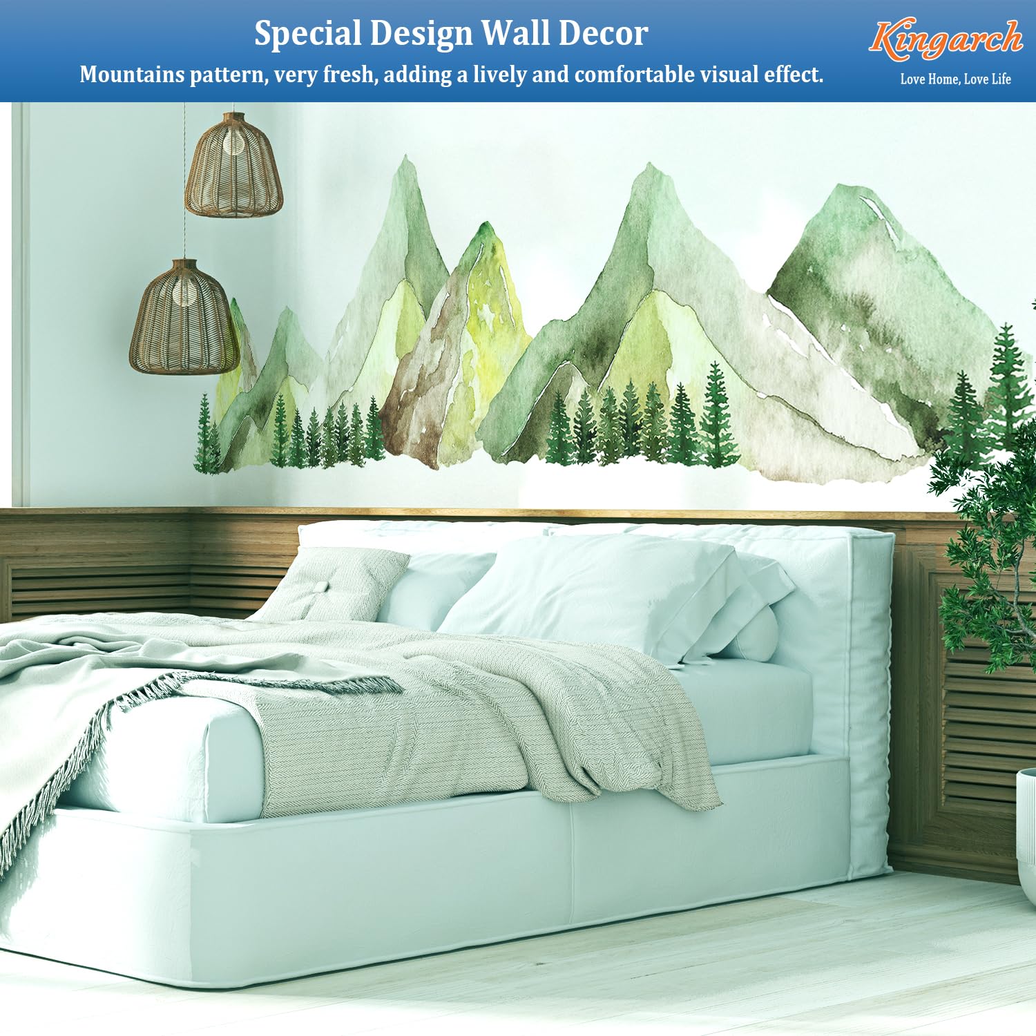 Kingarch Large Mountain Wall Decals, Green Pine Tree Peel And Stick Vinyl Wall Stickers & Murals, Removable Home Room Wall Decor