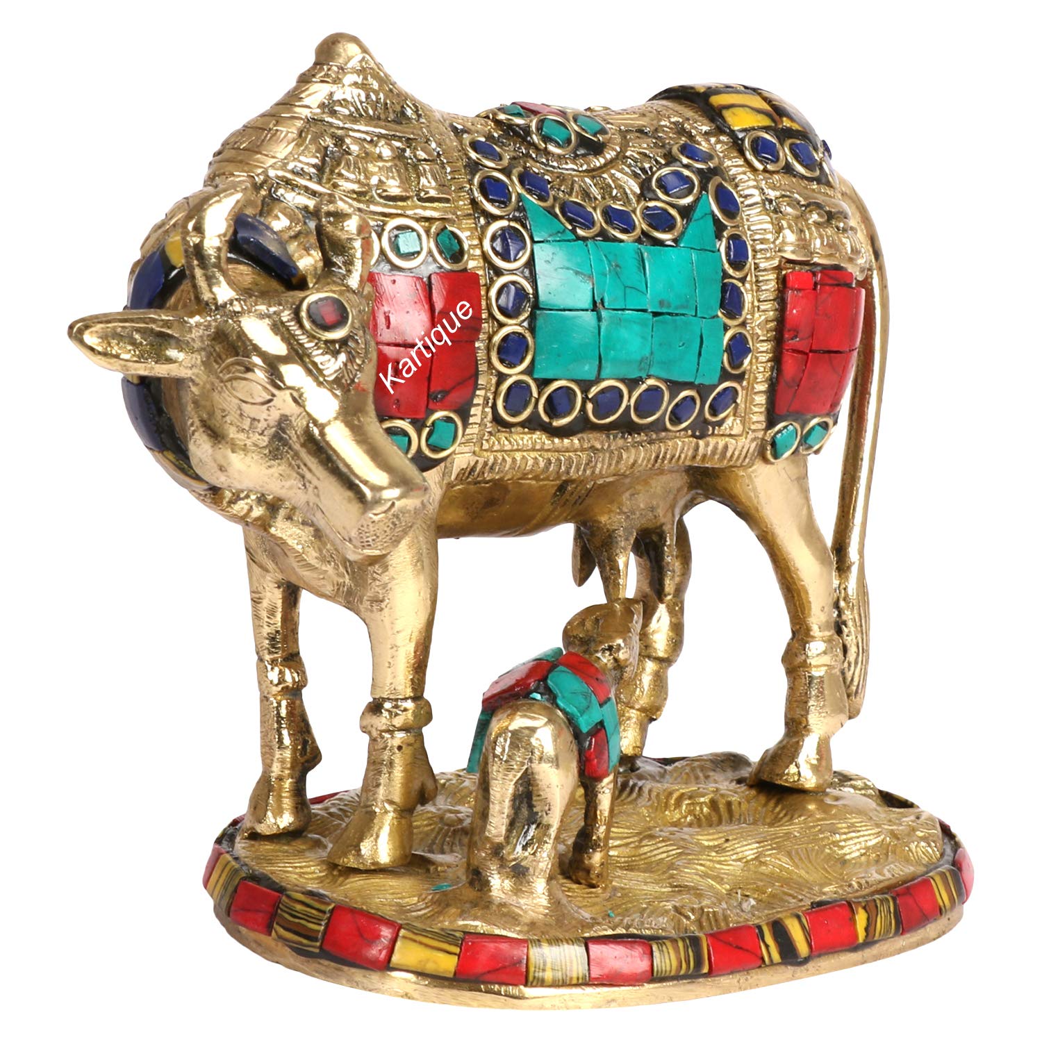 Kartique Brass Murti Kamdhenu Holy Cow and Calf Gau MATA Kamadhenu Surabhi for Home Decor Vastu Feng Shui Good Luck Statue Multi