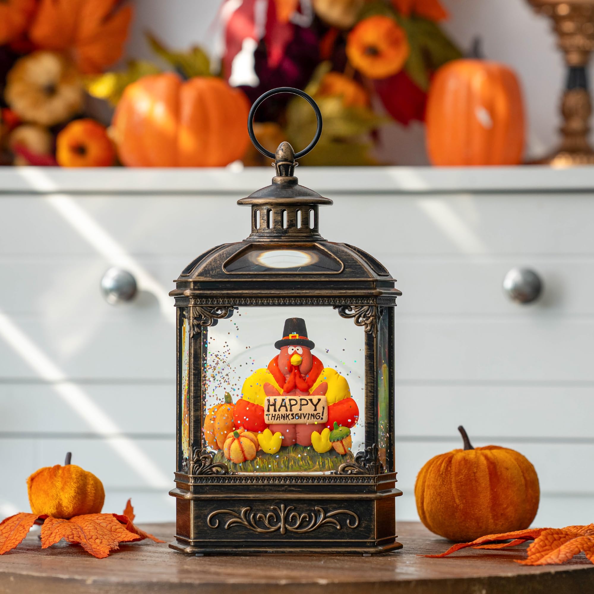 Fall Snow Globe Lantern - Thanksgiving Glittering Lighted Water Lantern, Fall Decorations Autumn Harvest Day Gifts, Table Home F