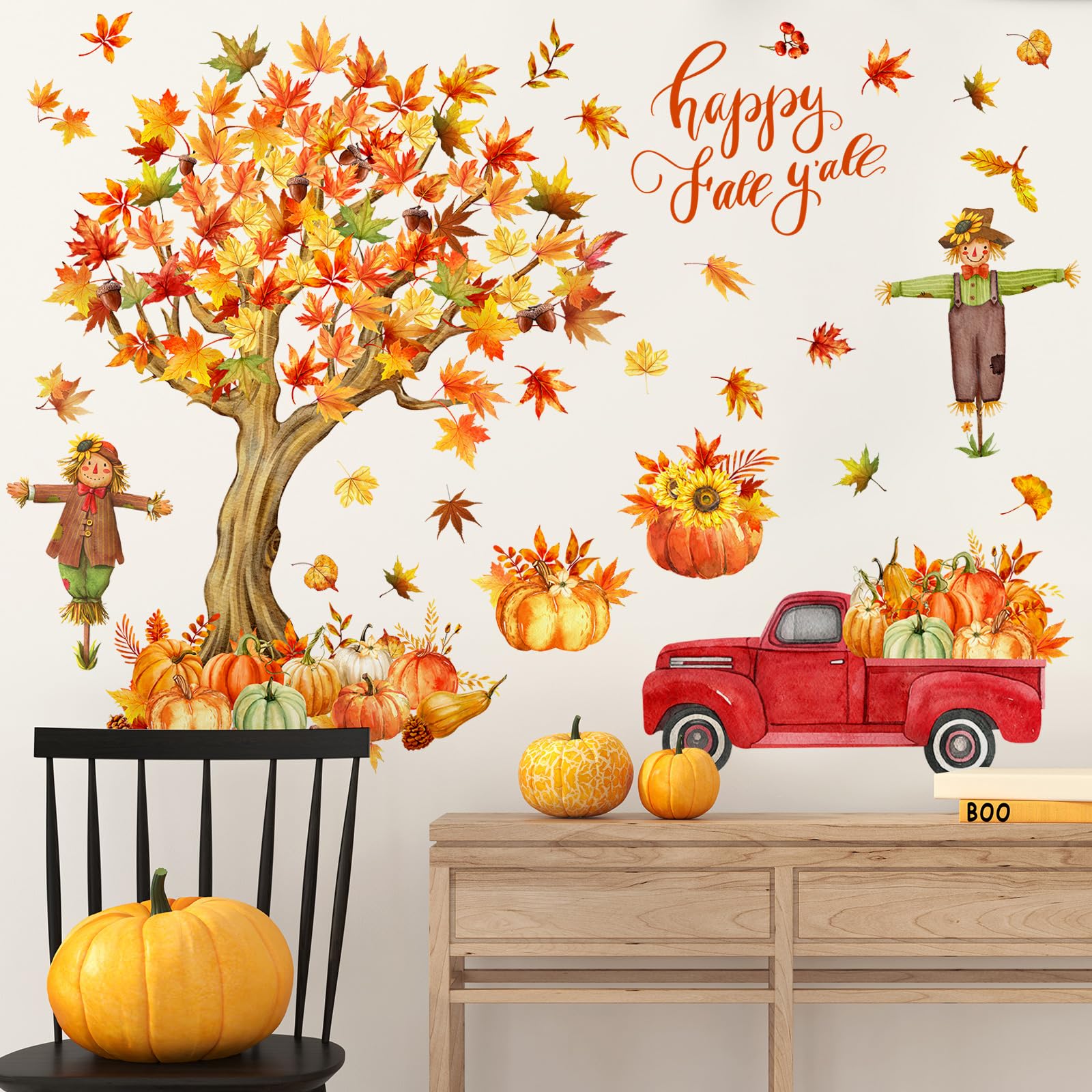 Resurhang Fall Maple Leaves Wall Decals Fall Tree Scarecrow Pumpkin Truck Wall Decor Sticker Thanksgiving Removable Fall Leaves