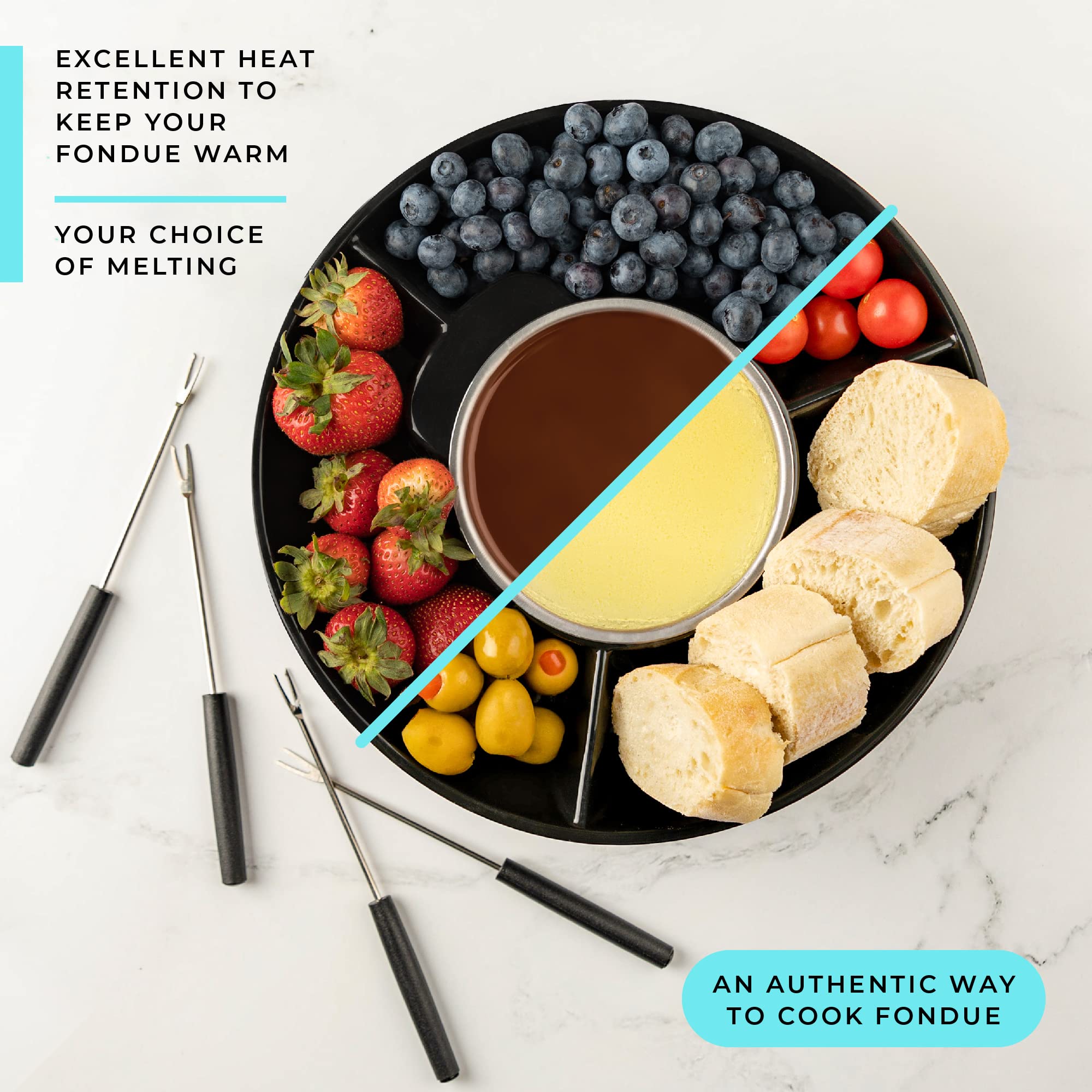 Kusini Electric Fondue Pot Set - Chocolate Fondue Kit - Temperature Control, Detachable Serving Trays, & 4 Roasting Forks - Gift