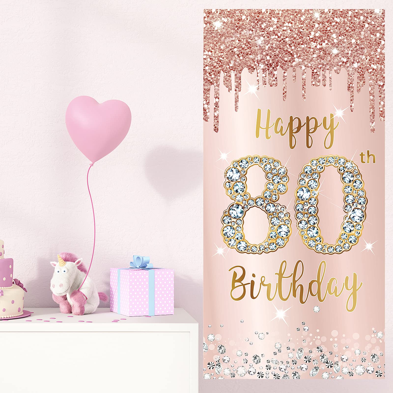 80Th Birthday Door Banner Decorations For Women, Pink Rose Gold Happy 80Th Birthday Door Cover Backdrop Party Supplies, Large 80