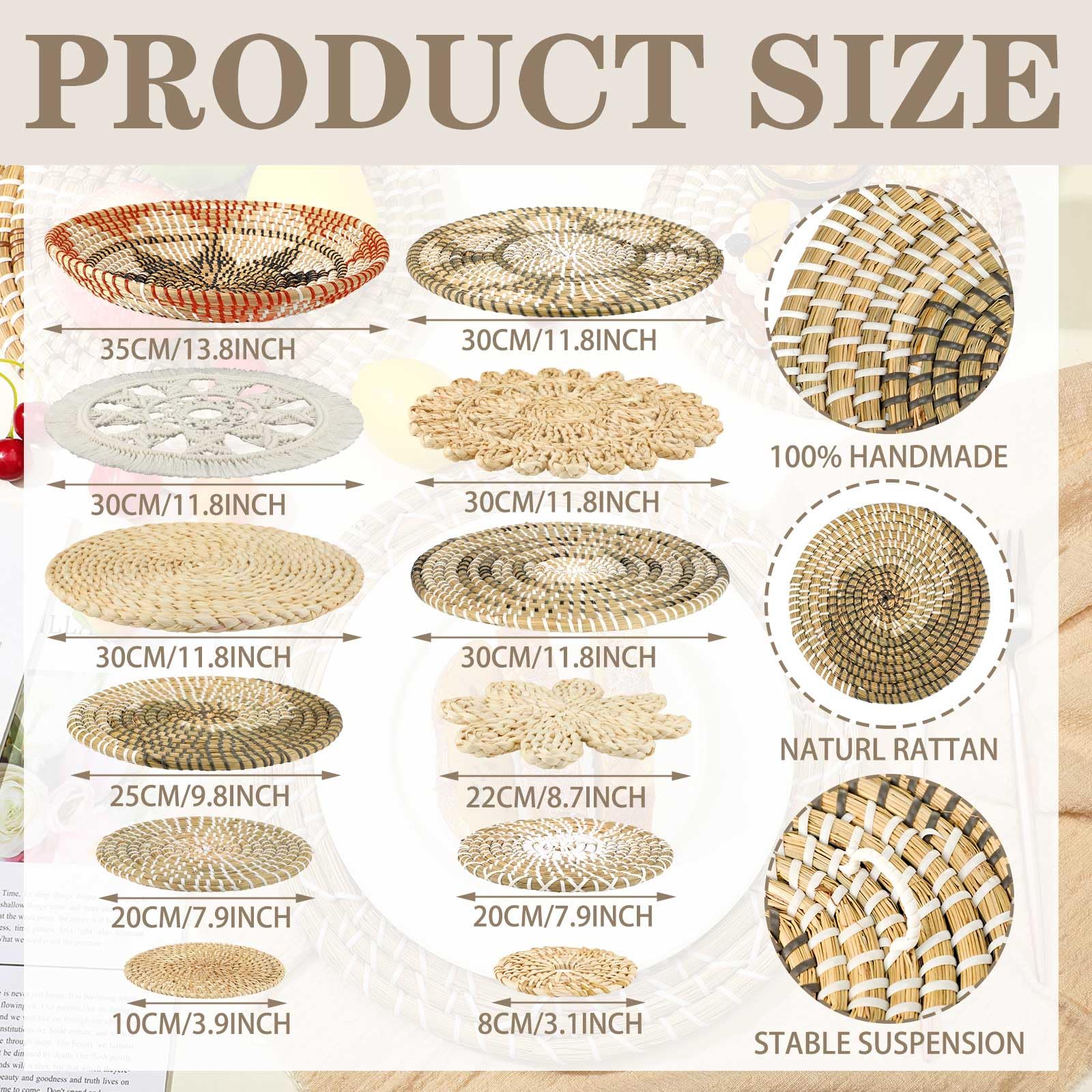 Xuhal 15 Pcs Boho Wall Basket Decor Hanging Woven Wall Basket Decorative Rustic Handcrafted Seagrass Baskets Round Woven Hanging