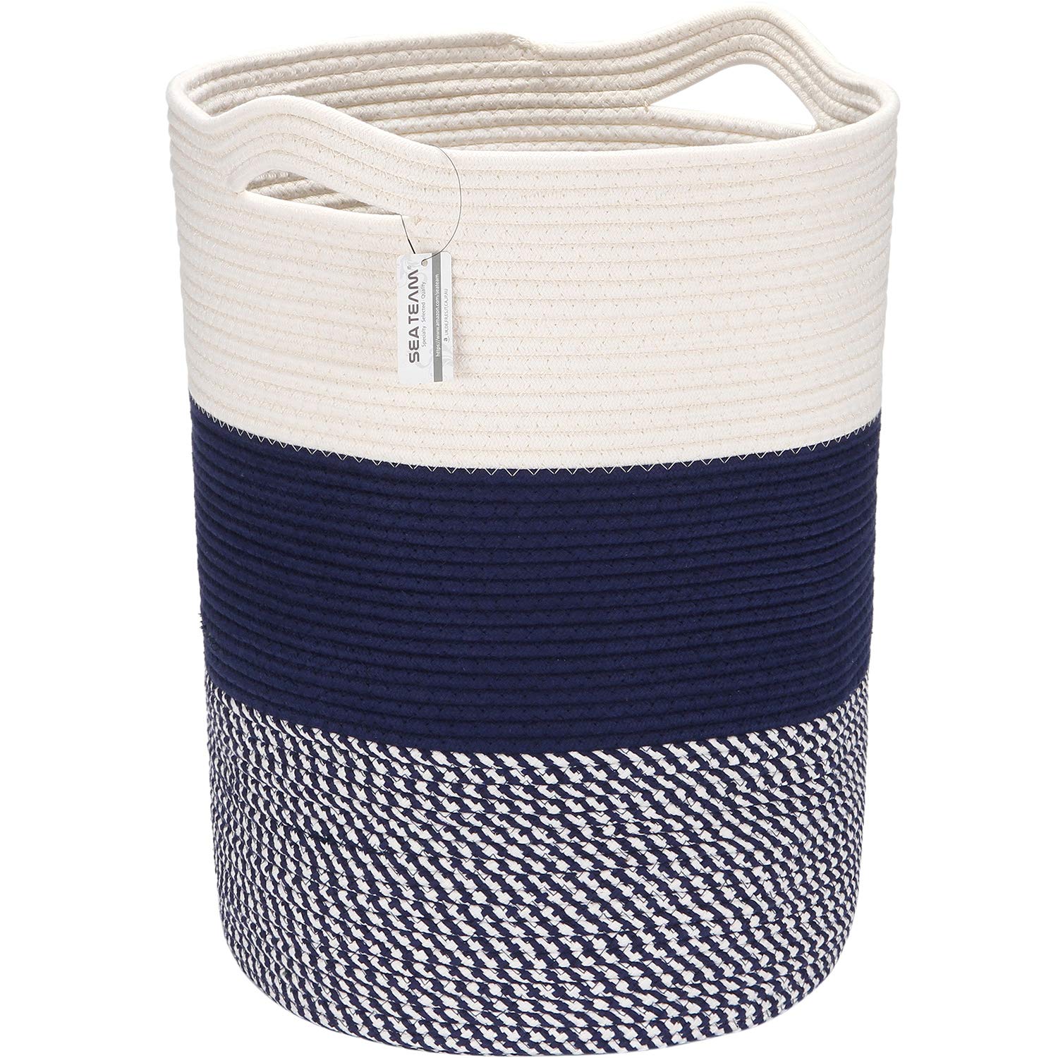Sea Team Large Size Cotton Rope Woven Storage Basket With Handles, Laundry Hamper, Fabric Bucket, Drum, Clothes Toys Organizer F