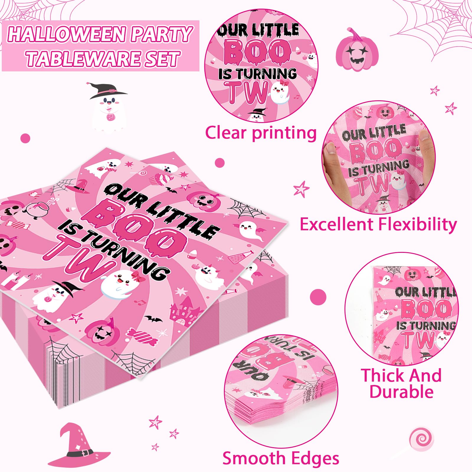 96Pcs Halloween Pink Ghost Party Supplies Boo 2Nd Birthday Paper Plates Napkins Our Little Boo Is Turning Two Party Decoration S