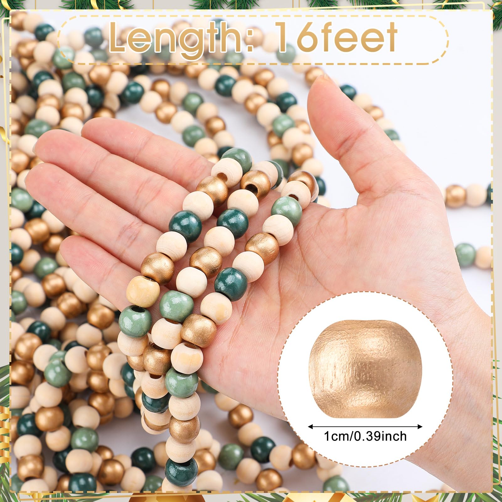 WILLBOND 16 Feet Christmas Wood Bead Garland Wooden Bead Garland for Christmas Tree Holiday Decoration (Sage Green)