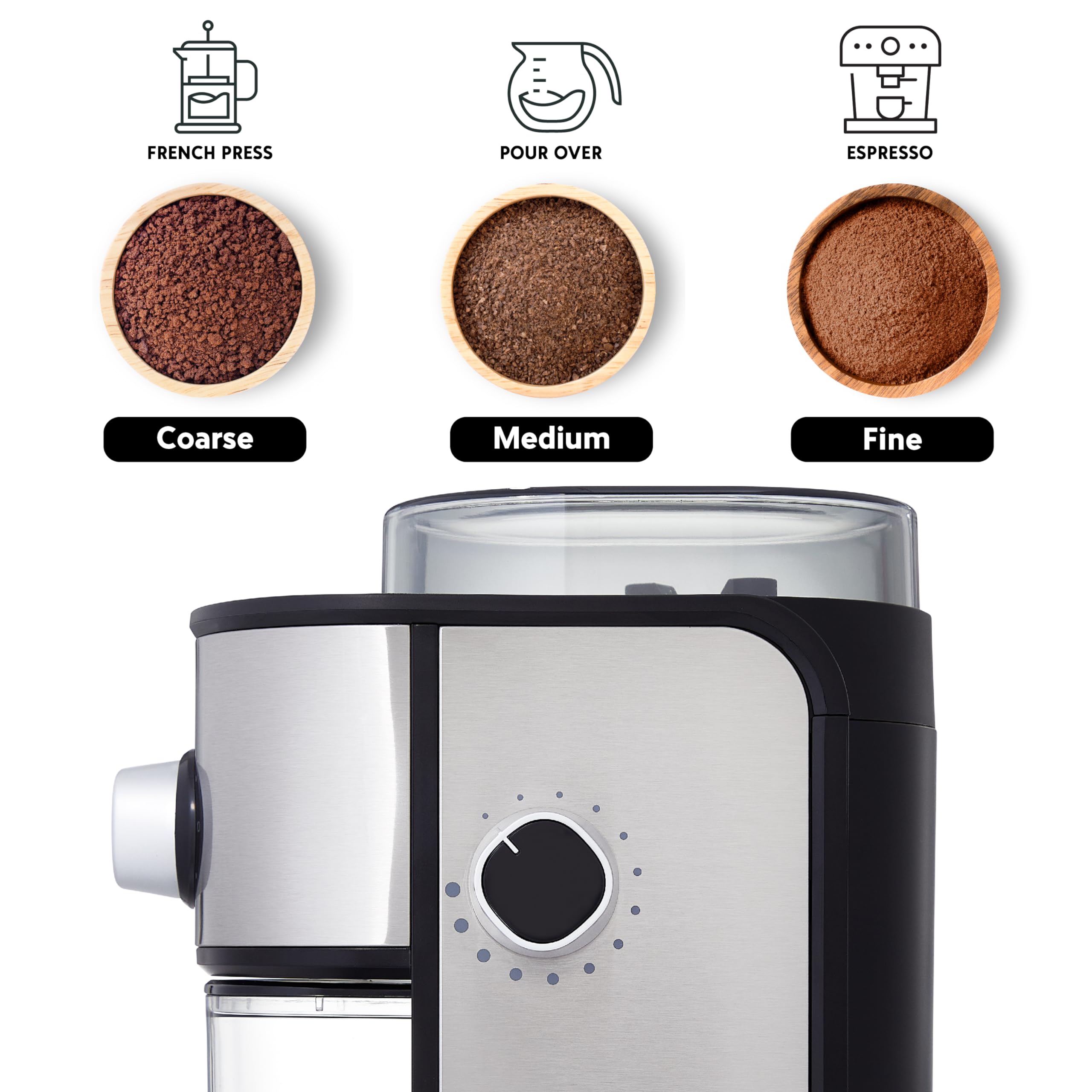Cassia Electric Stainless Steel Burr Coffee Grinder - 150W, 14 Settings For Precision Grinding, 2-12 Cups Adjustable Quantity Se