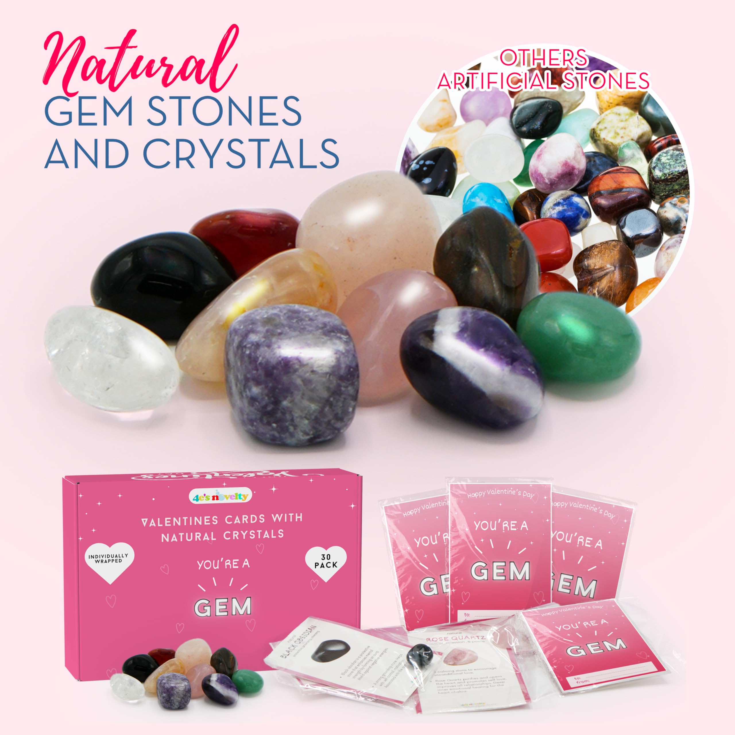 4E'S Novelty You'Re A Gem Cards With Natural Gems - 30 Pack Individually Wrapped Gemstone Valentines Cards With Crystals Rock,Va