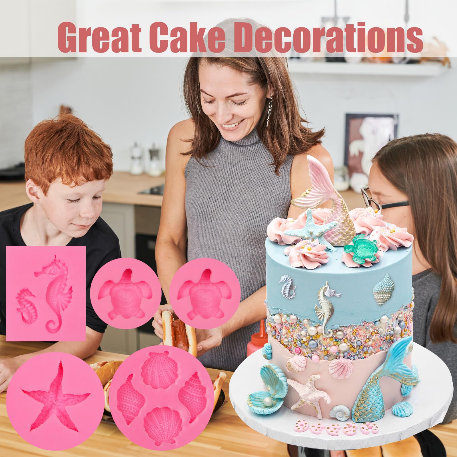 Marine Theme Fondant Silicone Molds 5 Pcs, Seashell Conch Eahorse Starfish Tortoise Chocolate Mold For Cake Decoration Candy Sug