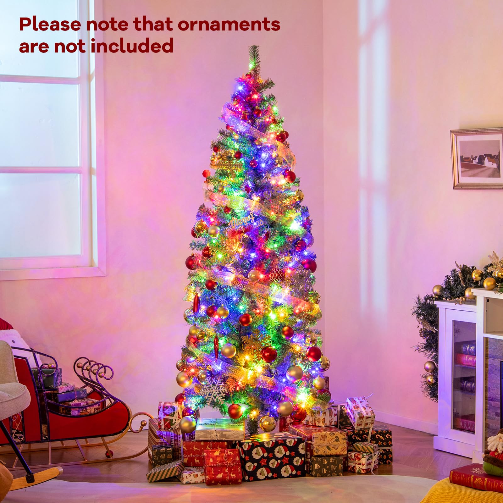 GOFLAME 6.5FT Pre-Lit Pencil Christmas Tree, Hinged Artificial Xmas Tree with 556 Branch Tips, 200 LED Lights, 9 Lighting Modes
