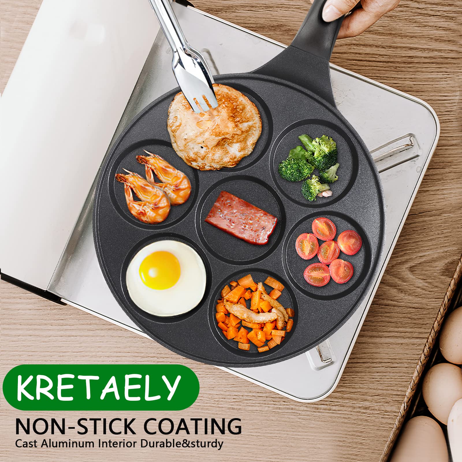 Kretaely Nonstick Pancake Pan Pancake Griddle With 7-Mold Design Mini Pancake Maker With Pfoa Free Coating-Black